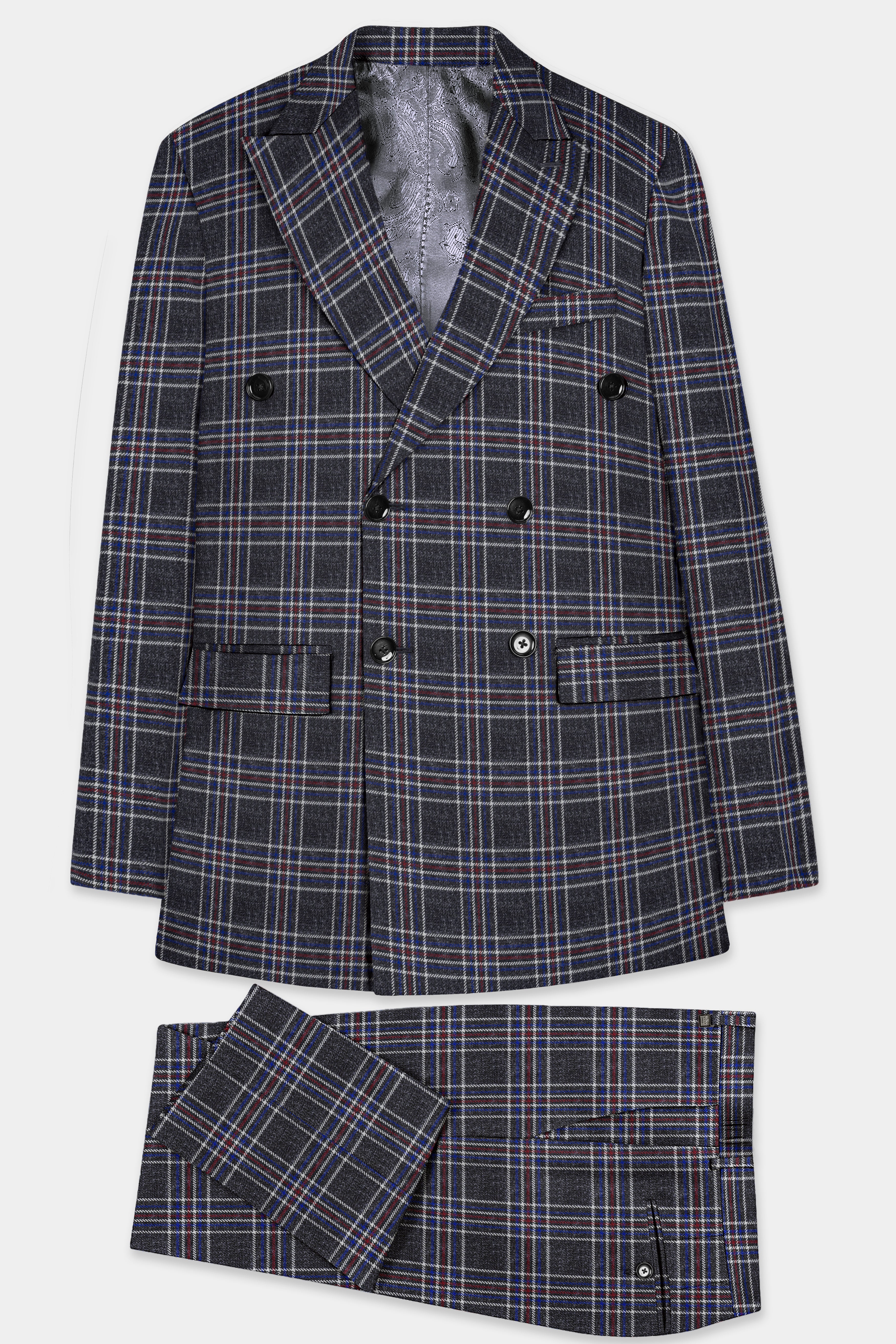 Tuatara Gray Multicolour Plaid Double Breasted Tweed Suit