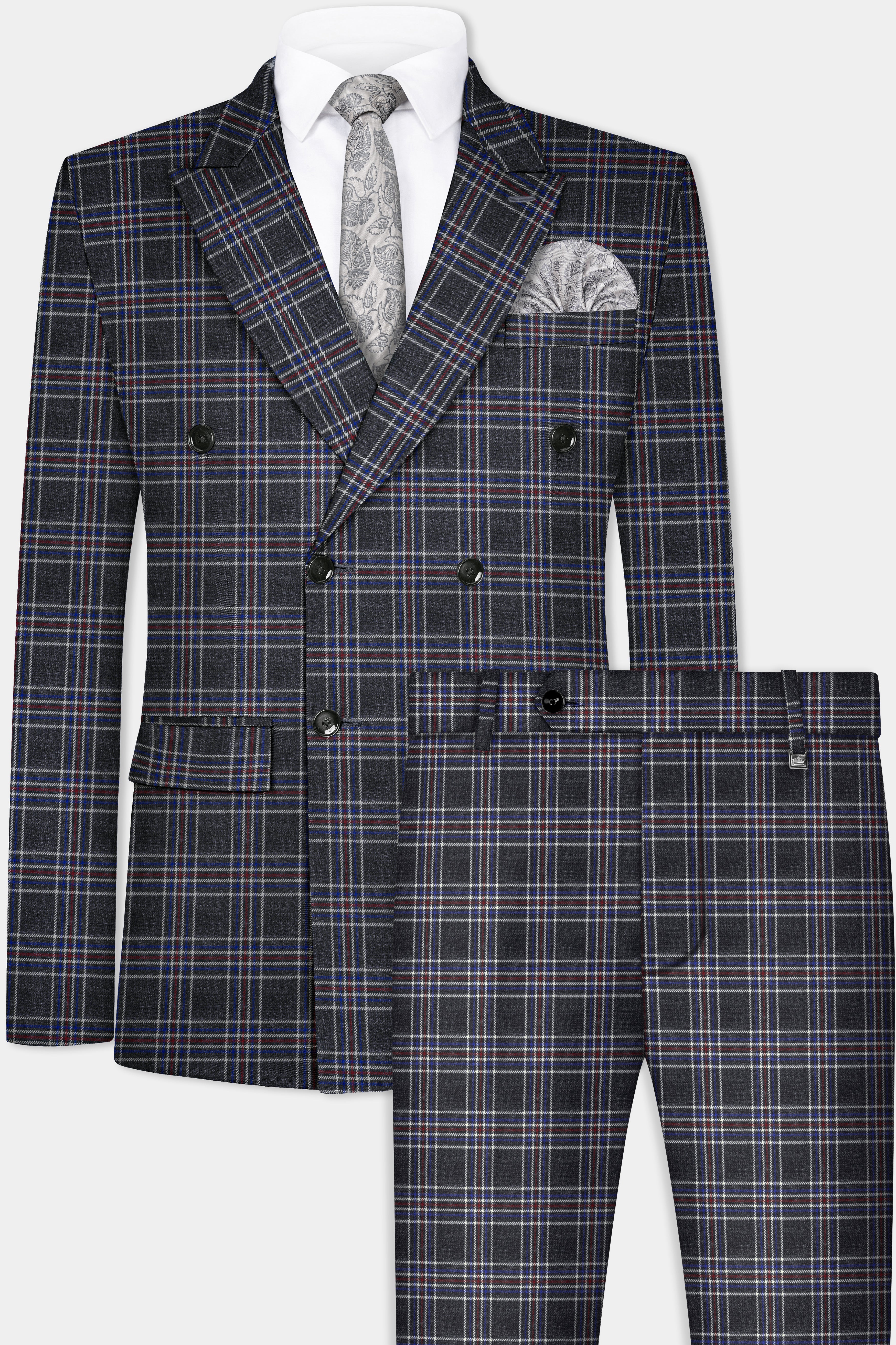 Tuatara Gray Multicolour Plaid Double Breasted Tweed Suit