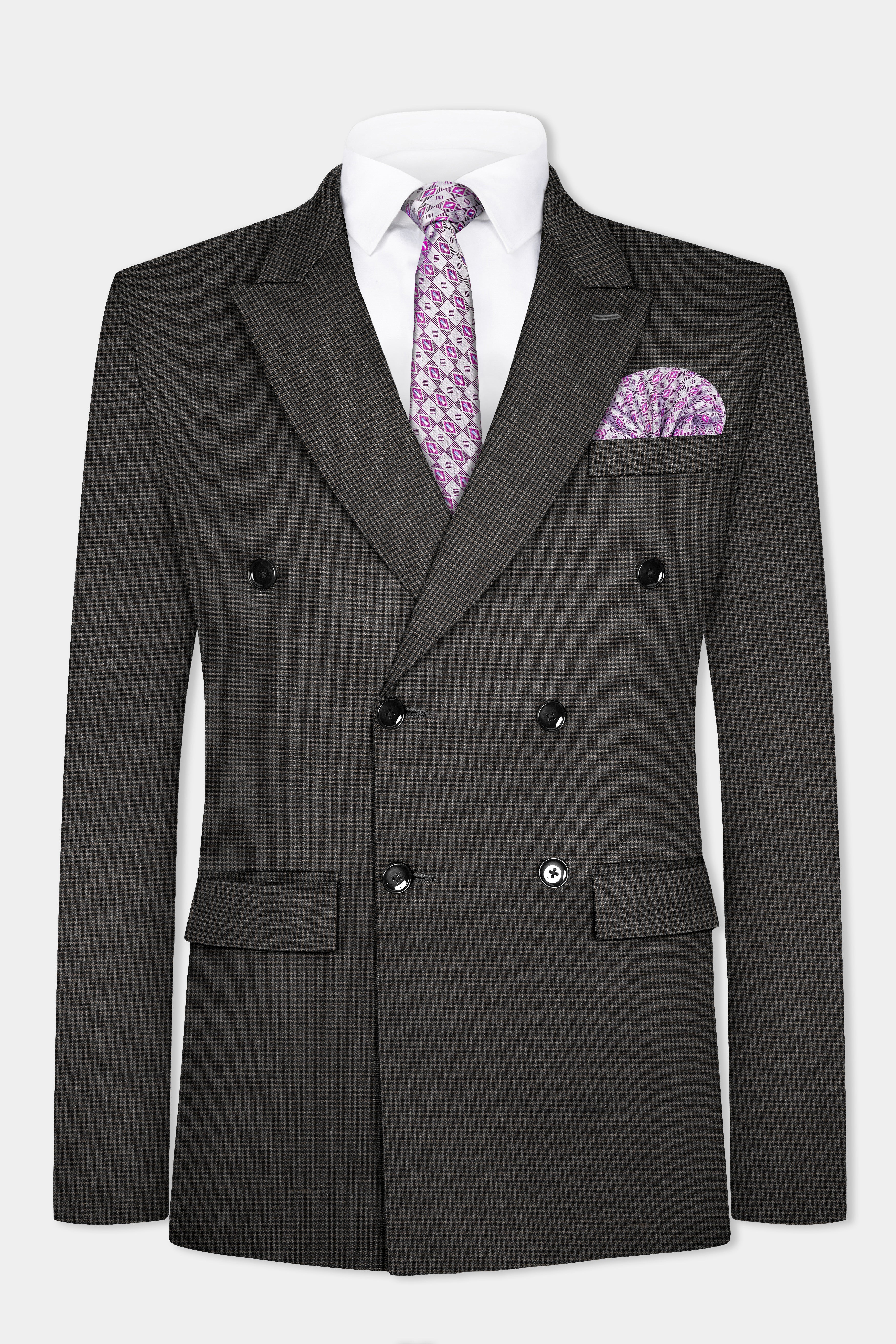Iridium Brown Micro Checkered Wool Blend Double Breasted Suit
