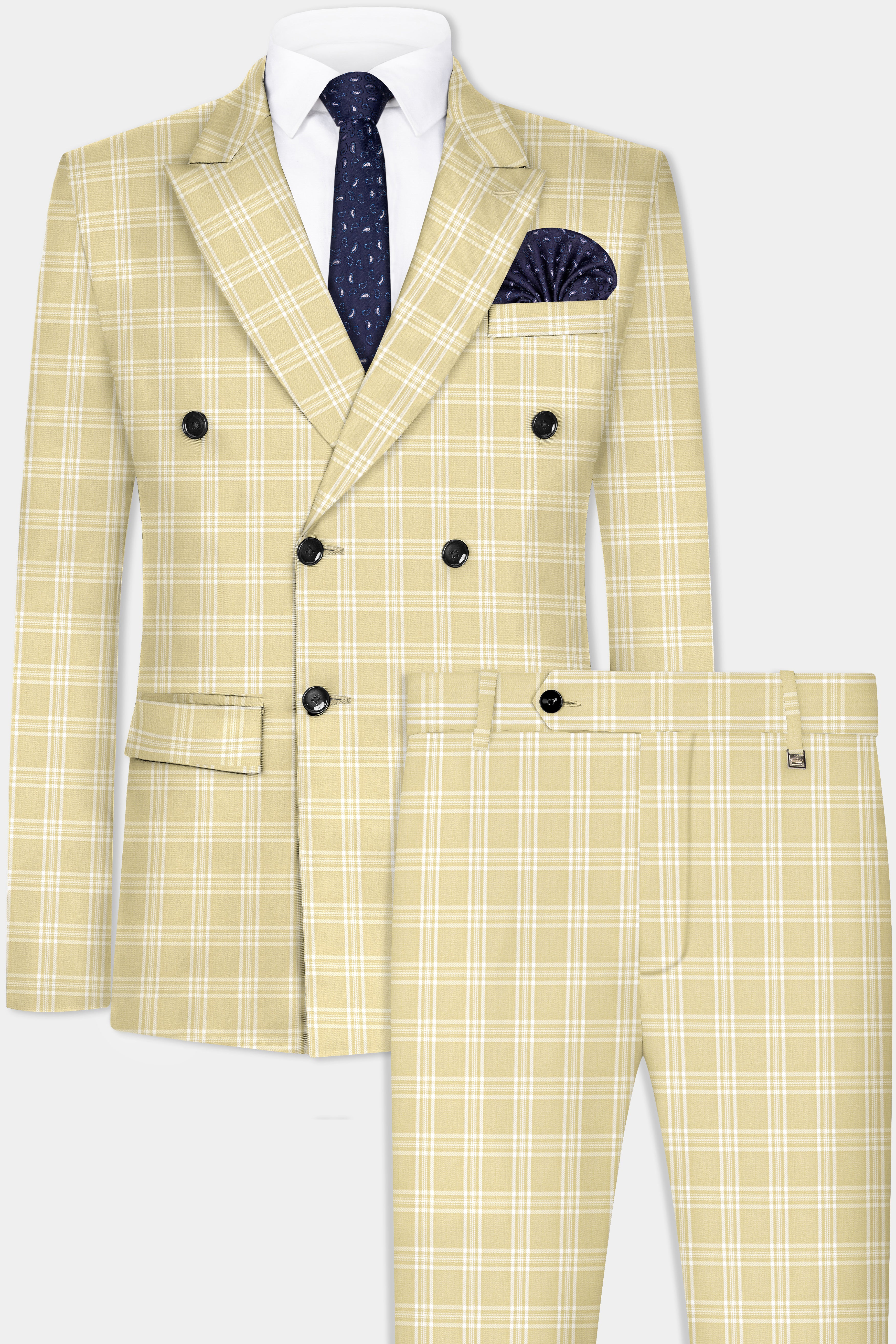 Desert Sand Cream Plaid Wool Blend Double Breasted Suit