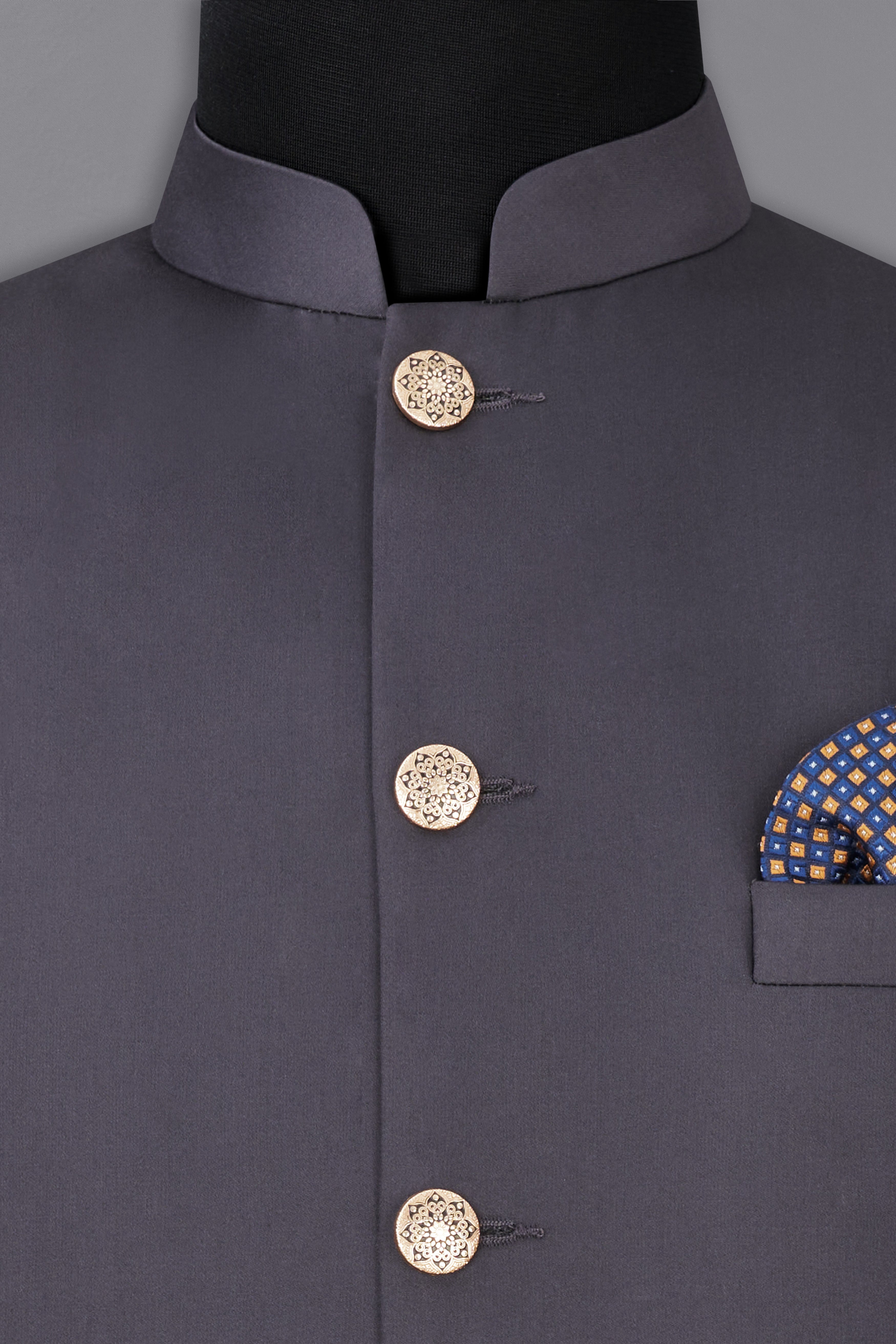 Mid Grey Subtle Sheen Cross Placket Wool Blend Bandhgala/Mandarin Suit