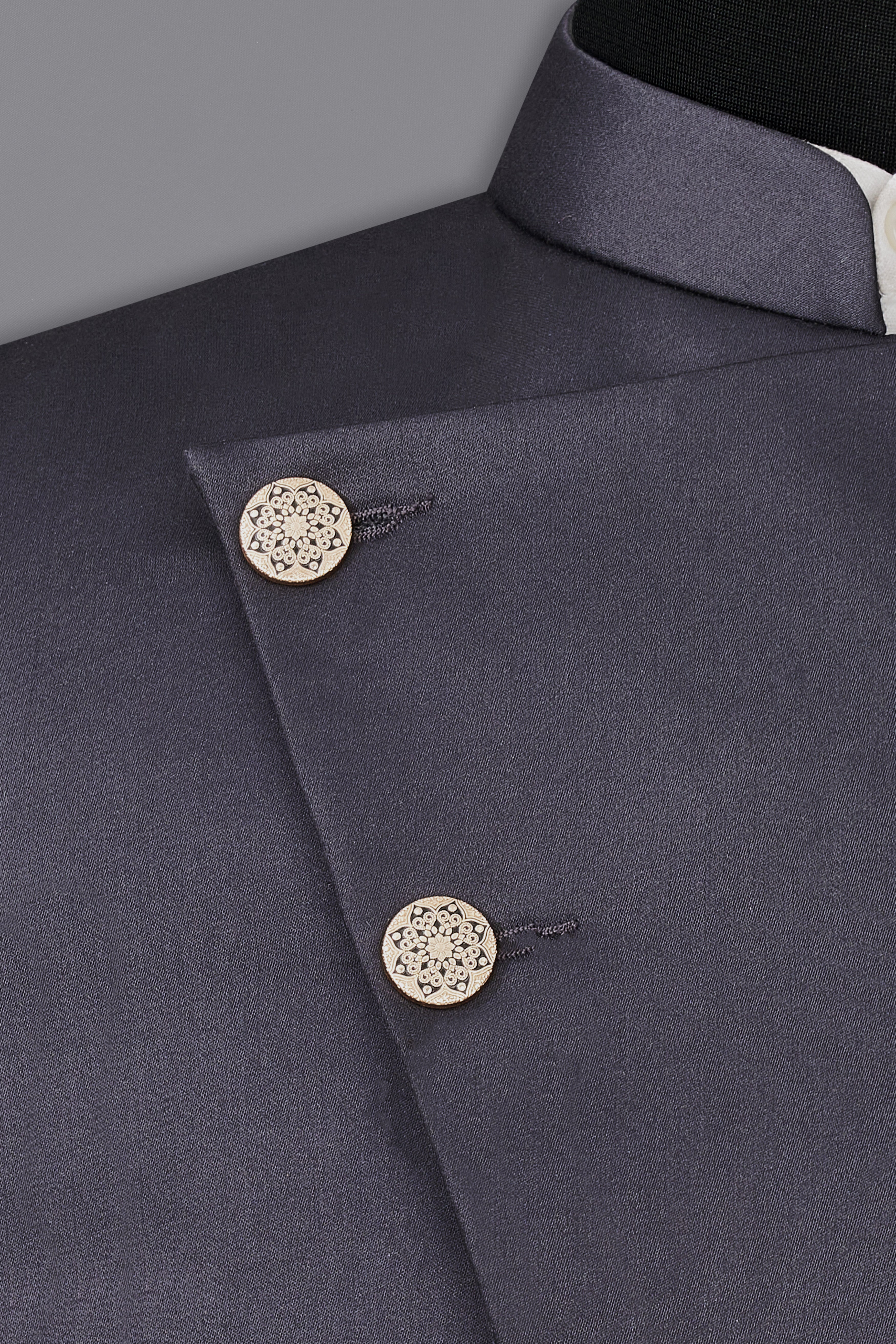 Mid Grey Subtle Sheen Cross Placket Wool Blend Bandhgala/Mandarin Suit
