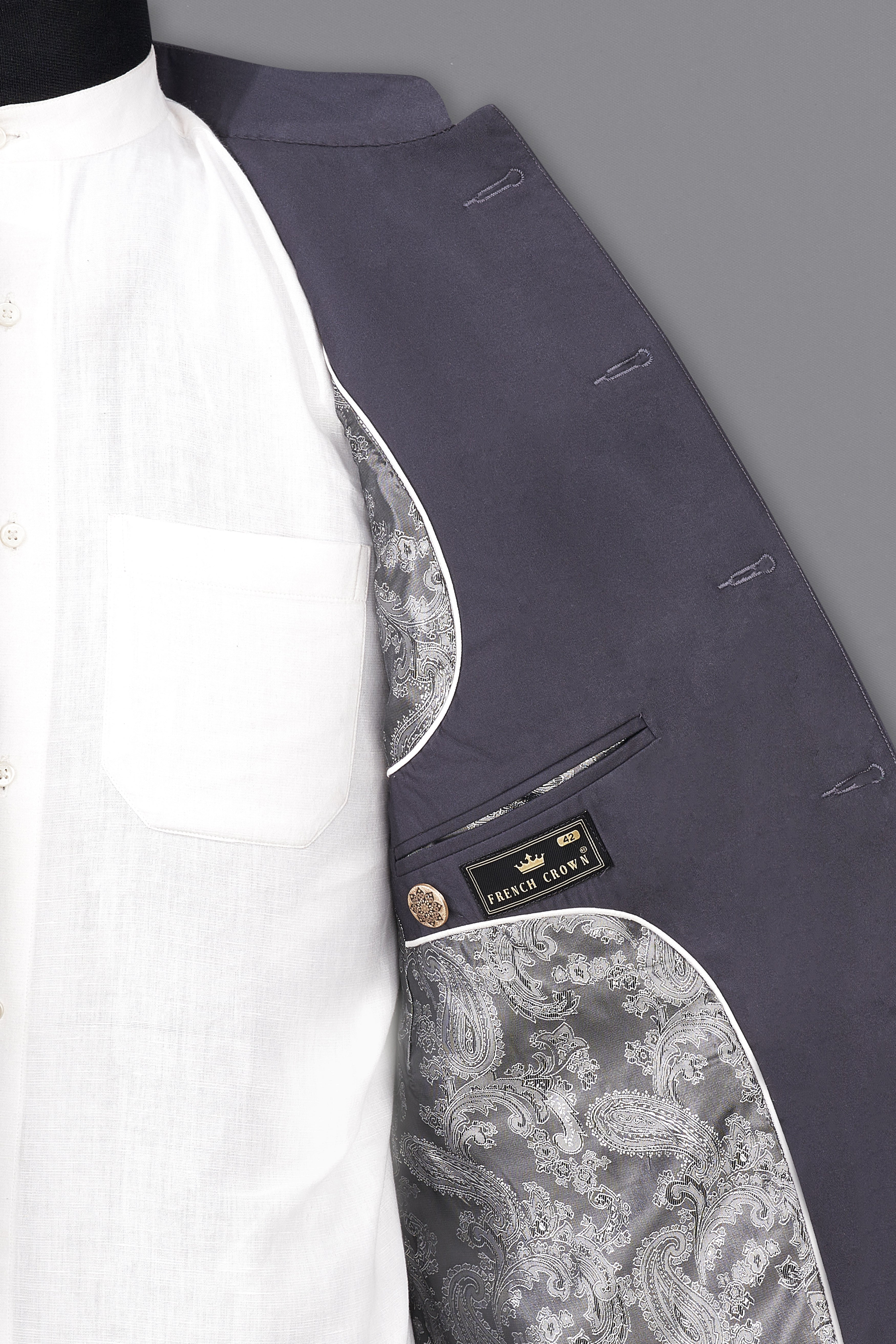 Mid Grey Subtle Sheen Cross Placket Wool Blend Bandhgala/Mandarin Suit