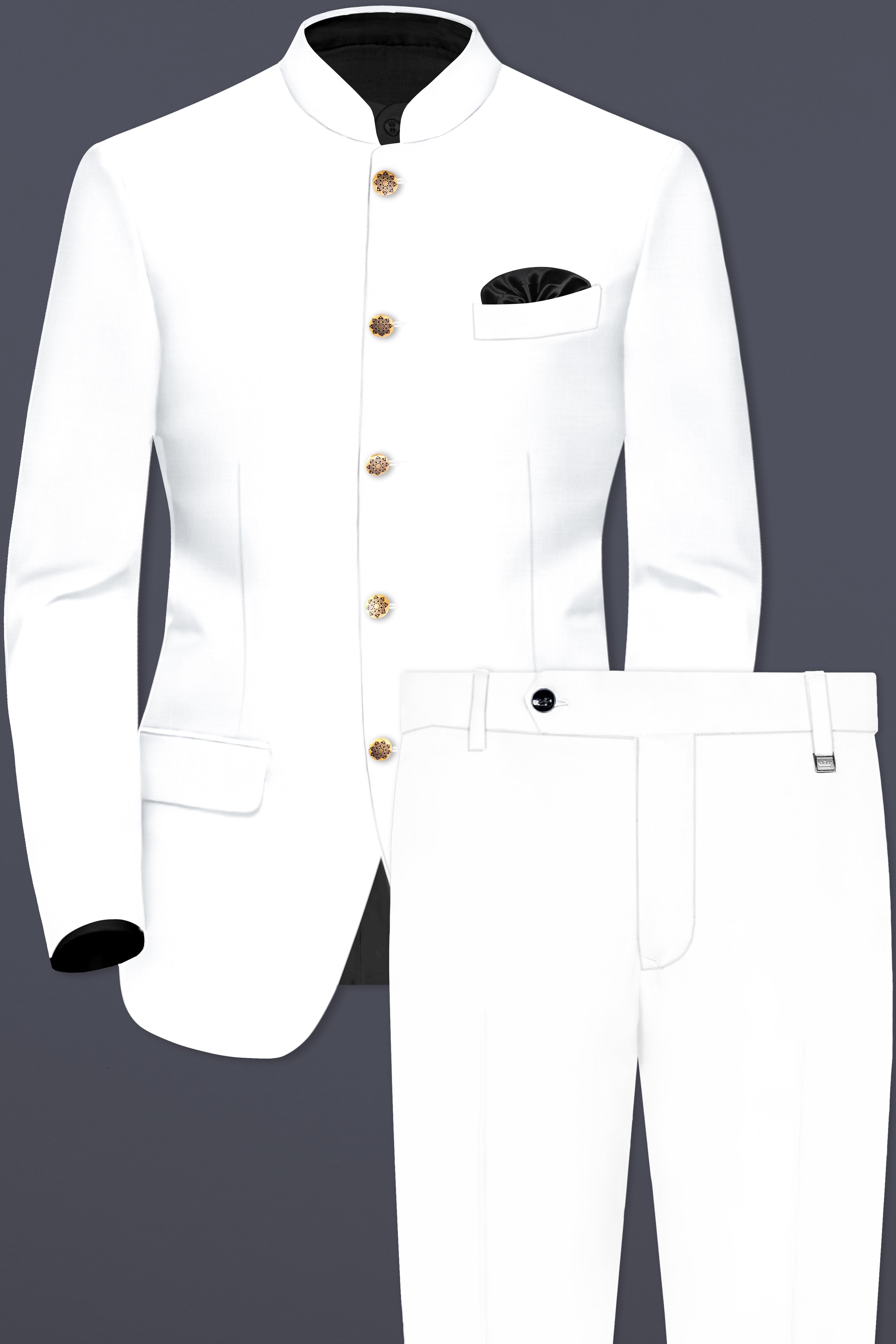 BRIGHT WHITE LUXURIOUS LINEN BANDHGALA/MANDARIN PERFORMANCE SUIT
