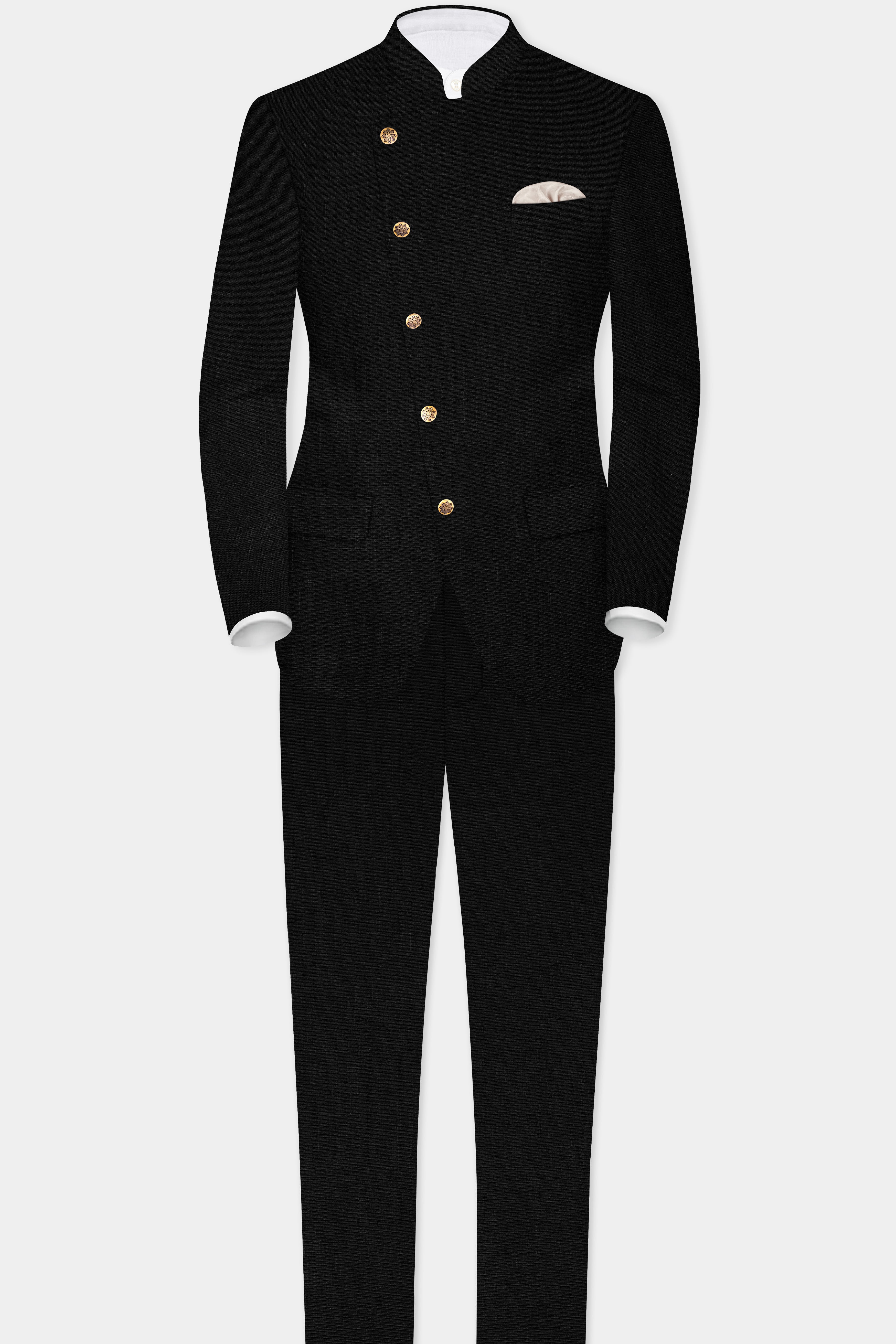 JADE BLACK LUXURIOUS LINEN CROSS PLACKET BANDHGALA/MANDARIN SUIT