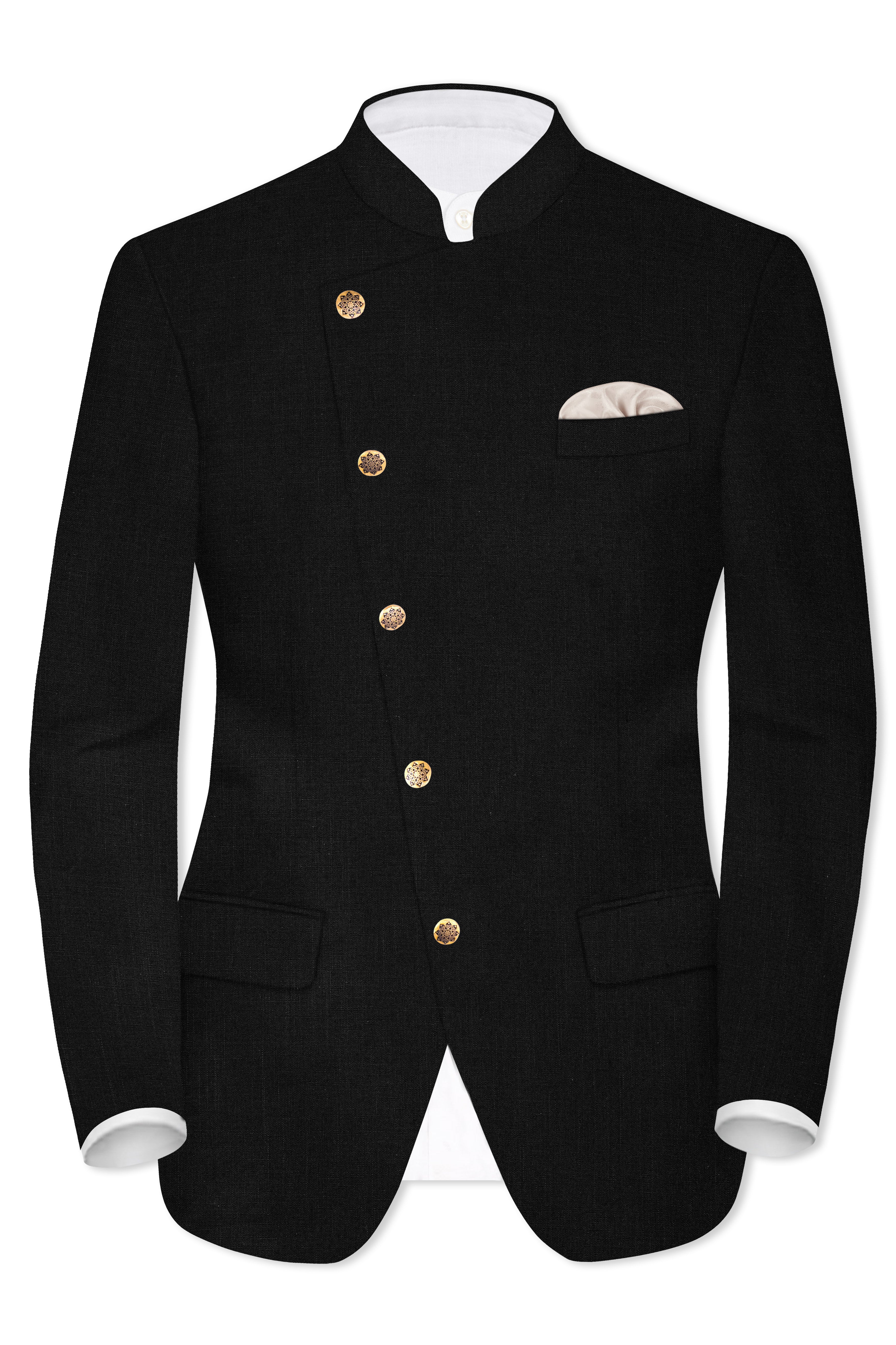 JADE BLACK LUXURIOUS LINEN CROSS PLACKET BANDHGALA/MANDARIN SUIT