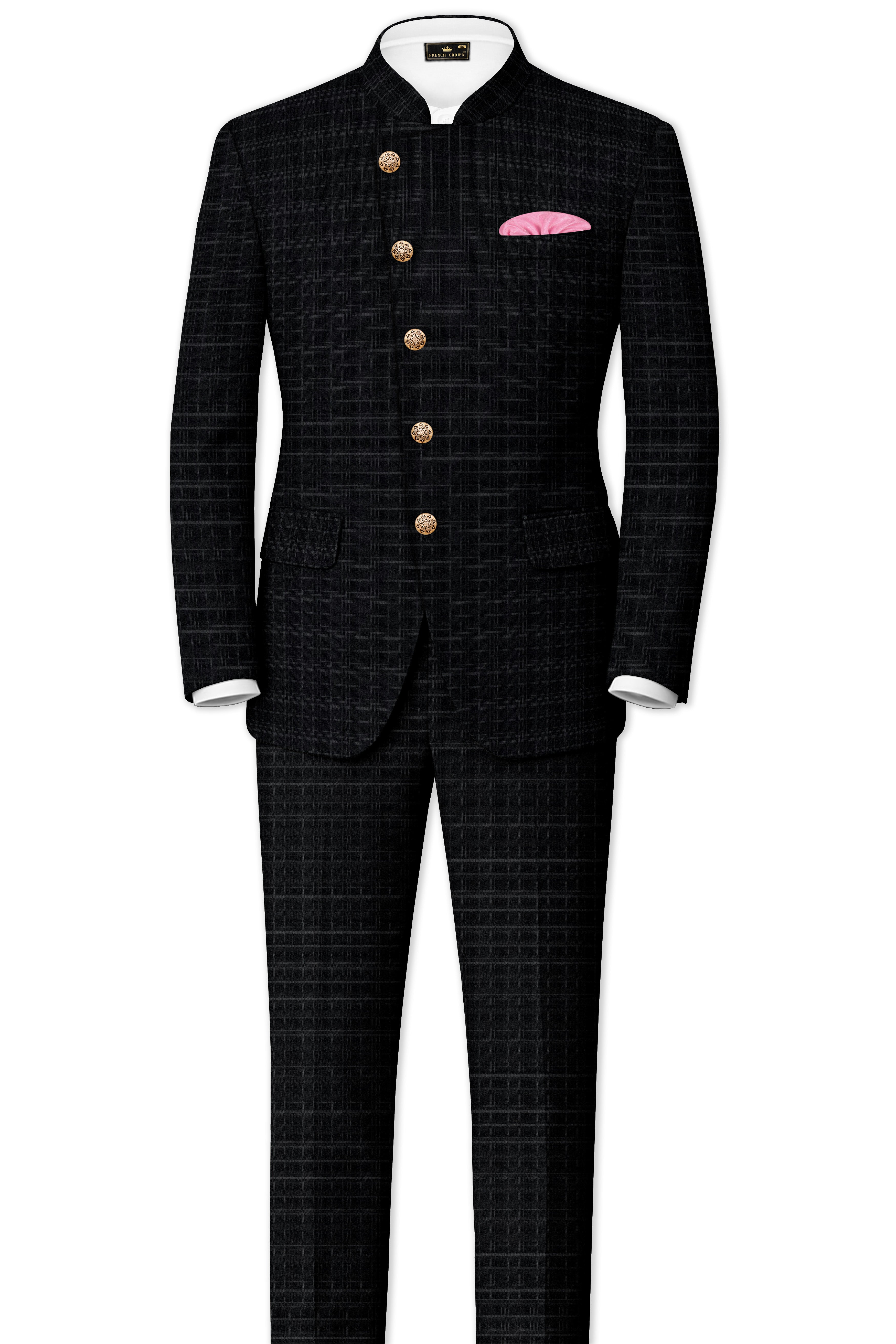 Star Dust and Shark Grey Plaid Cross Placket Bandhgala Wool rich Suit