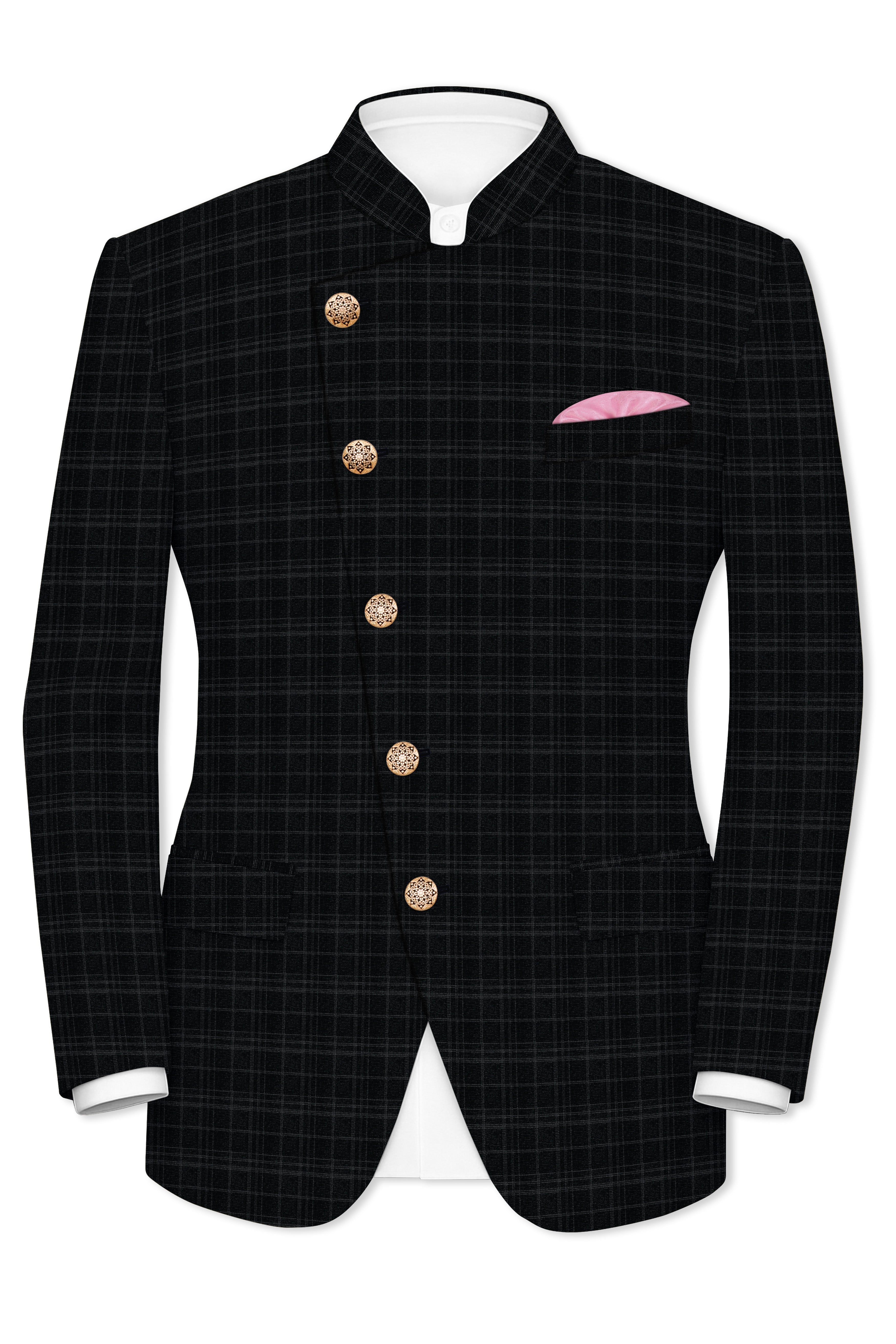 Star Dust and Shark Grey Plaid Cross Placket Bandhgala Wool rich Suit