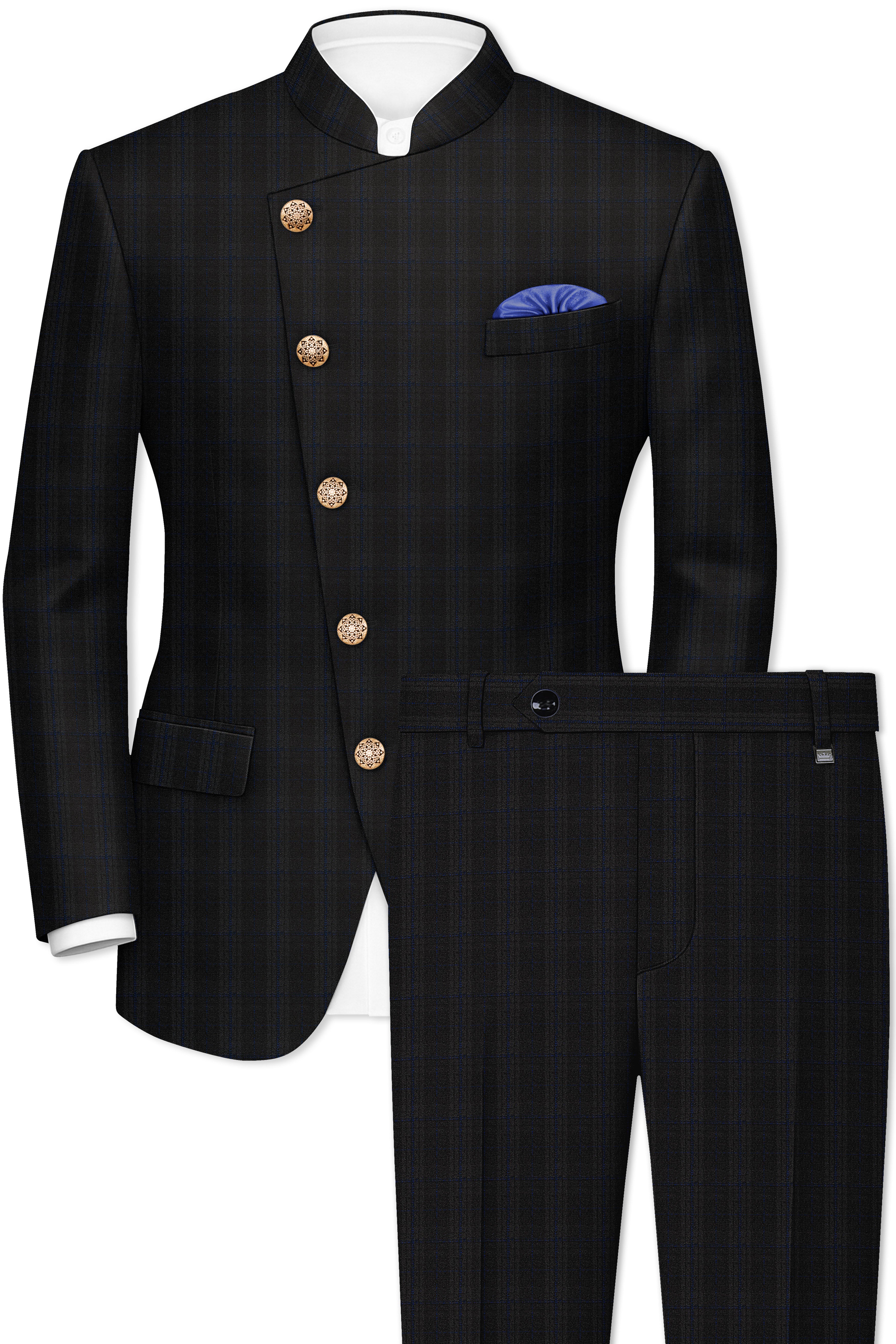 Thunder brown Plaid Cross Placket Bandhgala Wool Rich Suit