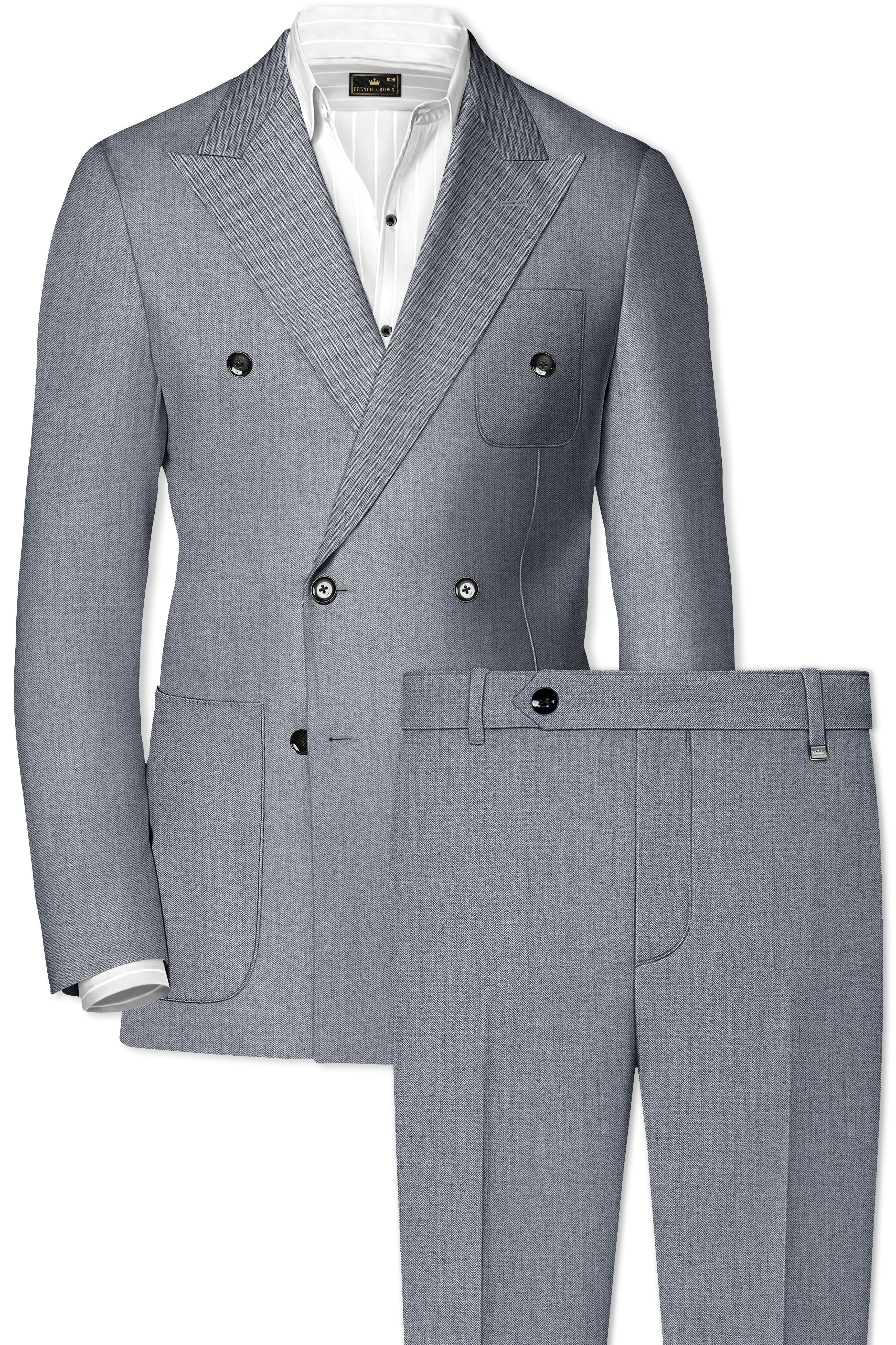 Spun Pearl Grey Herringbone Double-breasted Premium Cotton Sports Suit