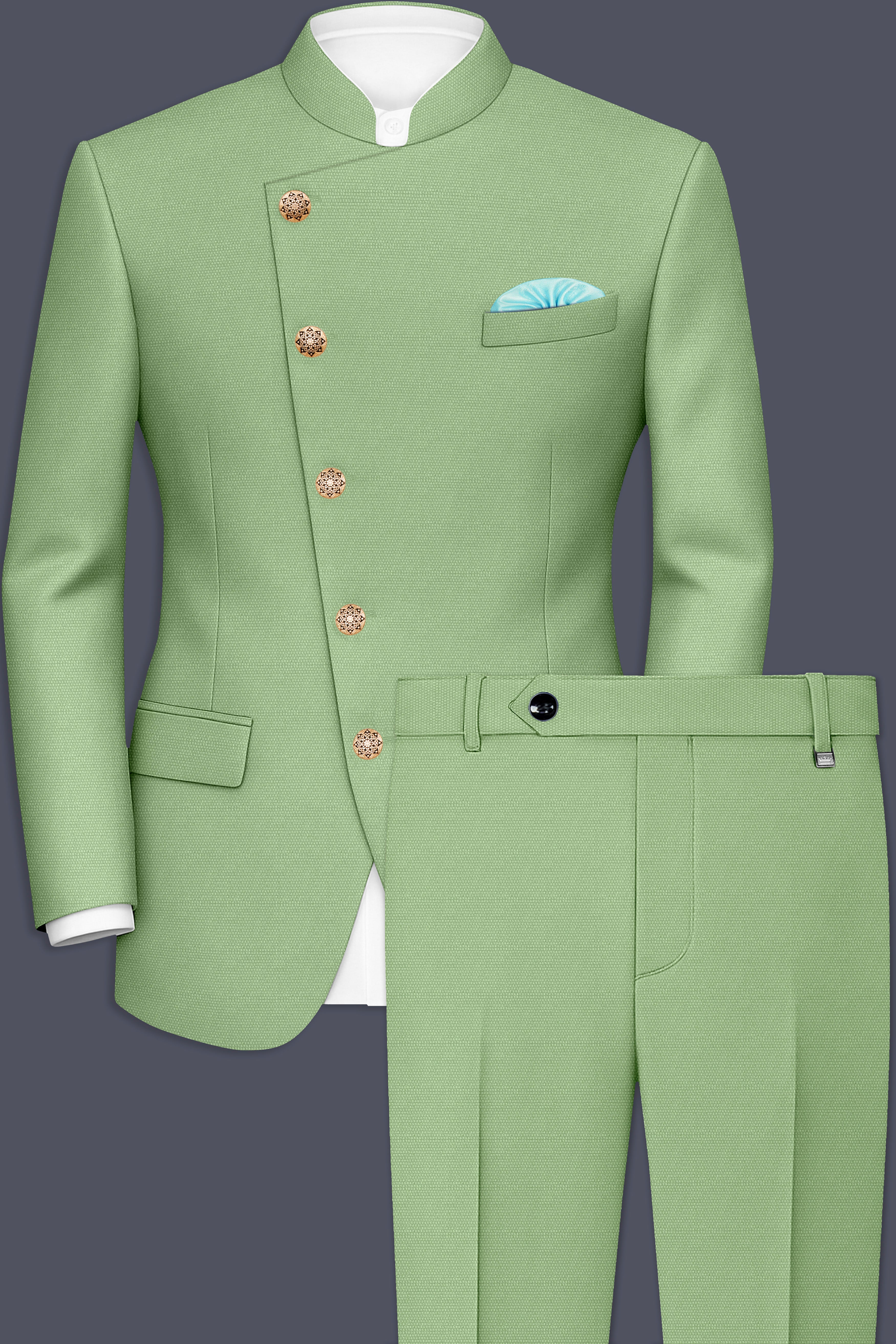 Camouflage Green Cross Placket Bandhgala Wool rich Suit