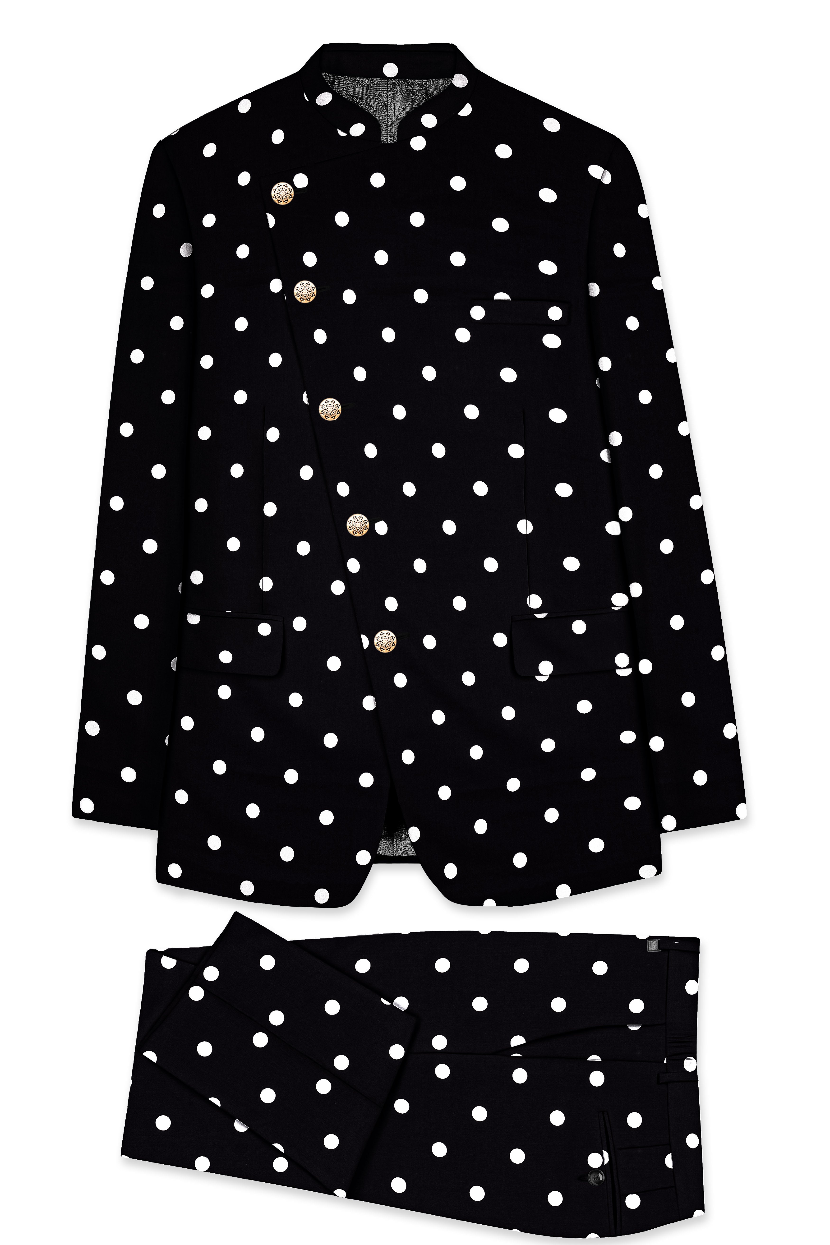 Jade Black Polka Print Cross Buttoned bandhgala/Mandarin Suit