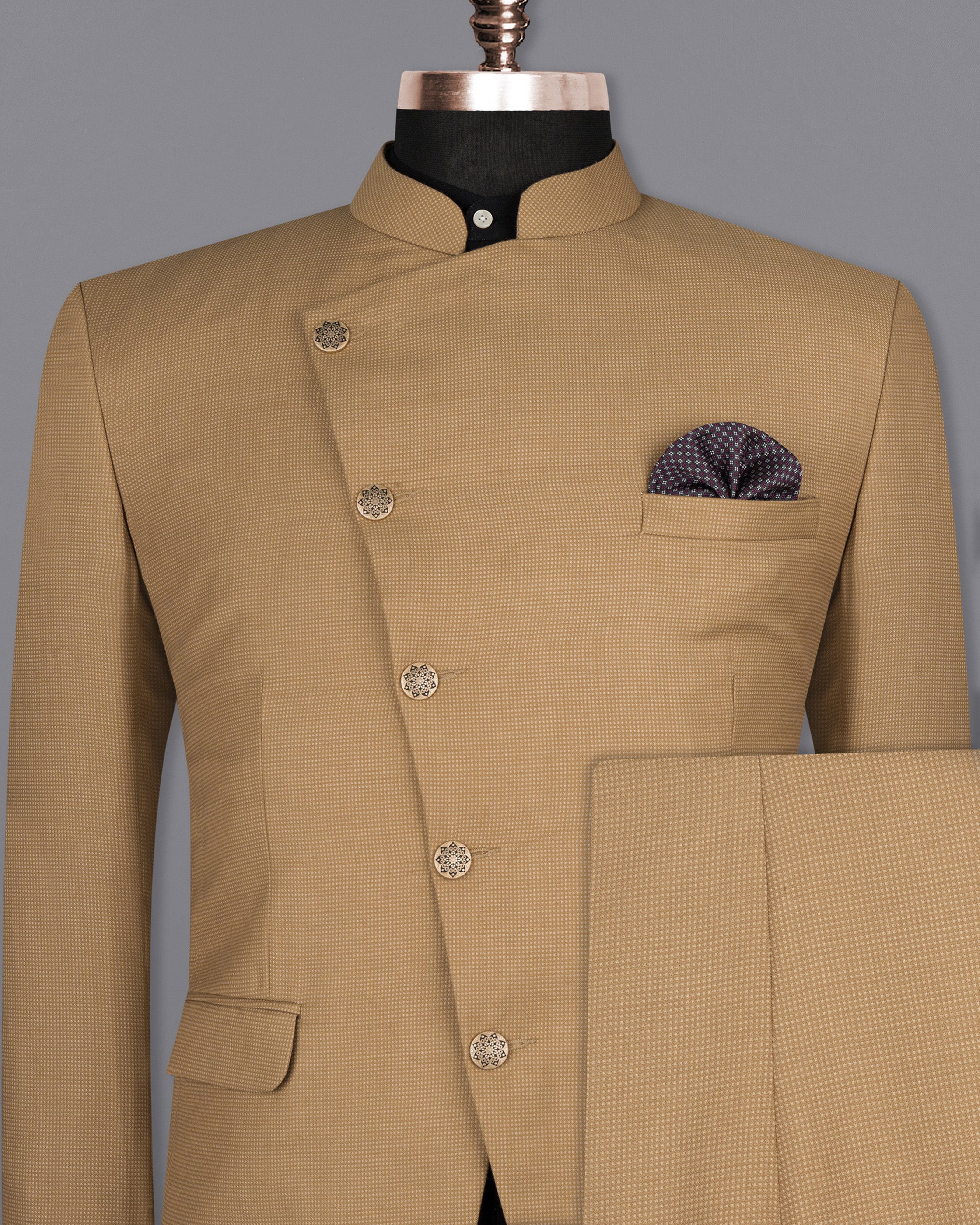 Oak Brown Cross Placket Bandhgala Premium Cotton Suit