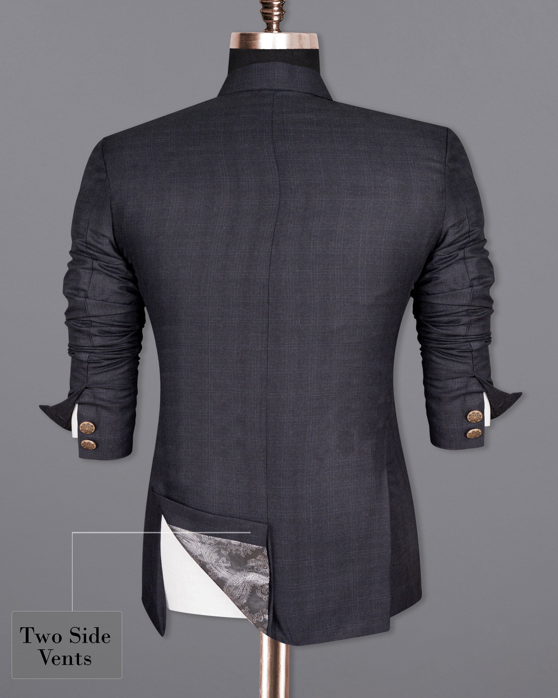 Gravel Grey Subtle Plaid Cross Placket Bandhgala Wool Rich Suit