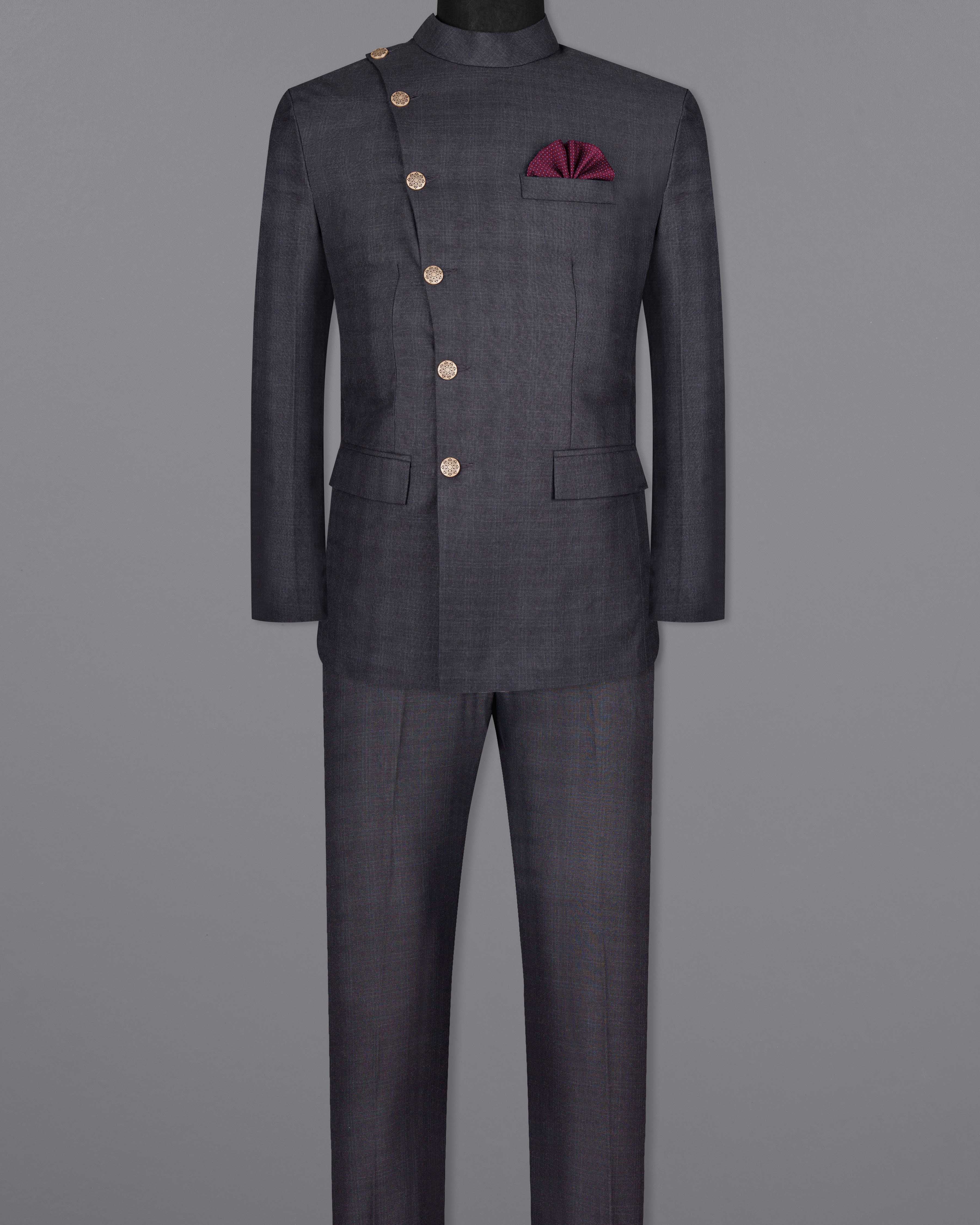 Gravel Grey Subtle Plaid Cross Placket Bandhgala Wool Rich Suit