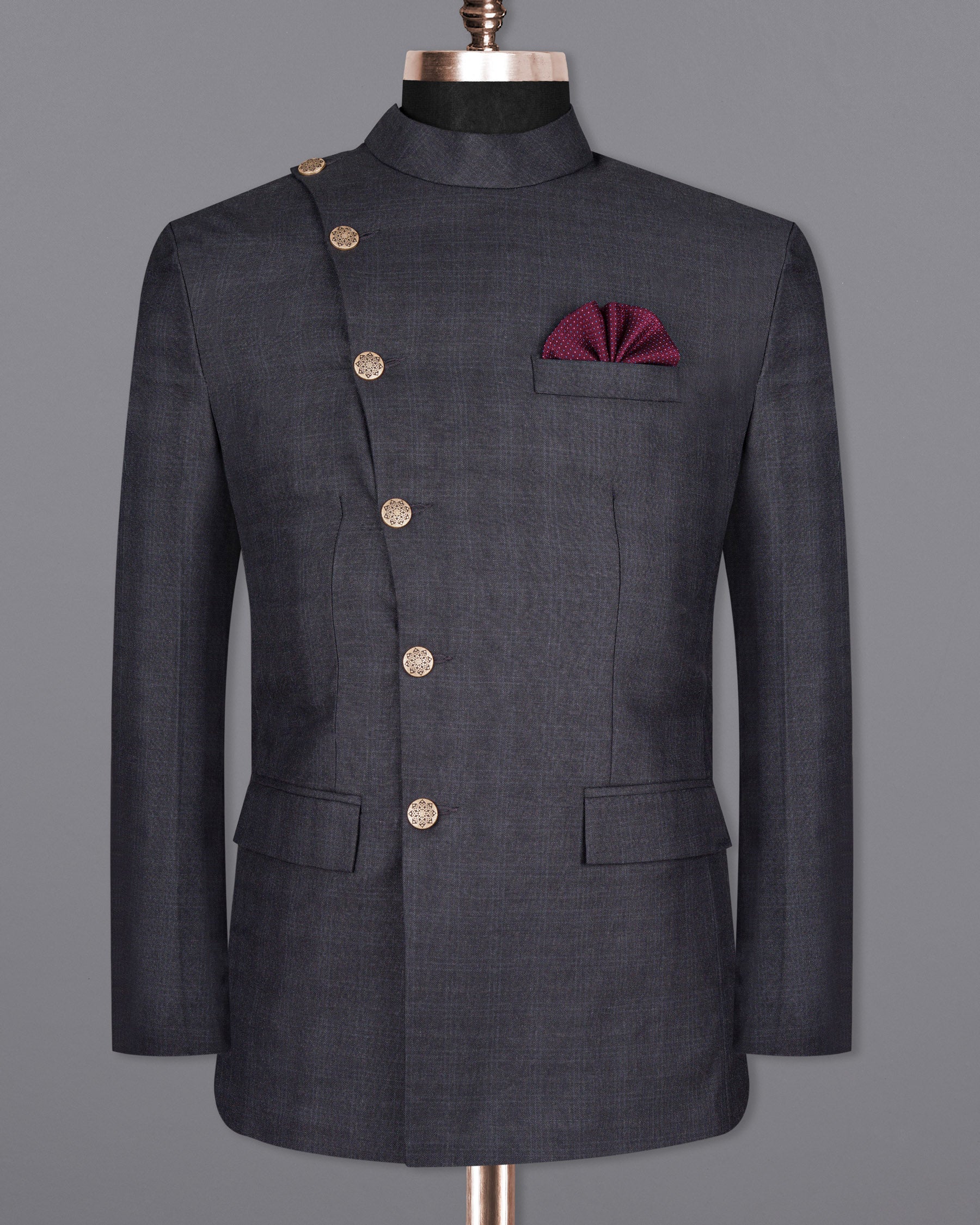 Gravel Grey Subtle Plaid Cross Placket Bandhgala Wool Rich Suit