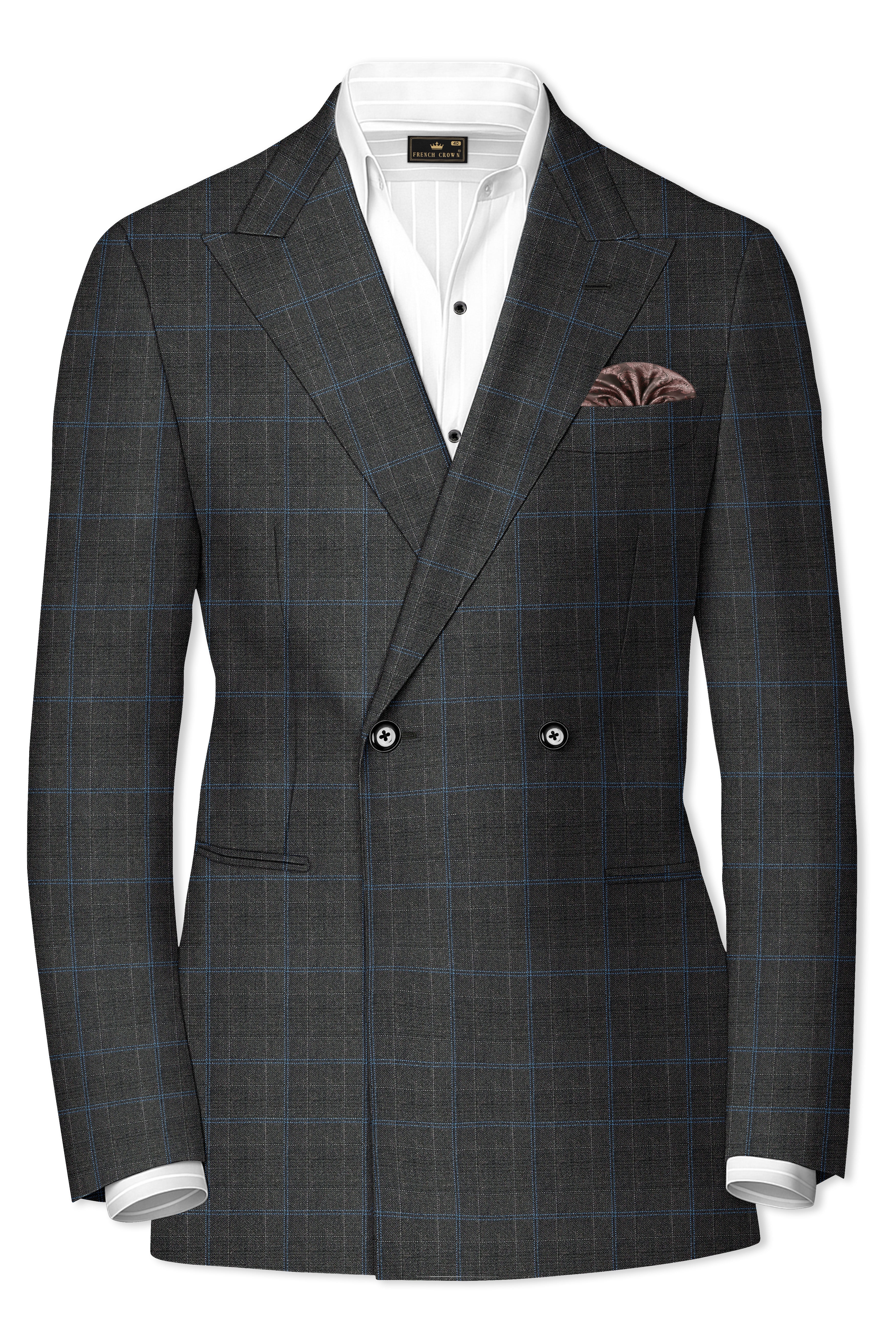 Cape Cod Gray Super fine Checkered Double Breasted Wool Rich Suit