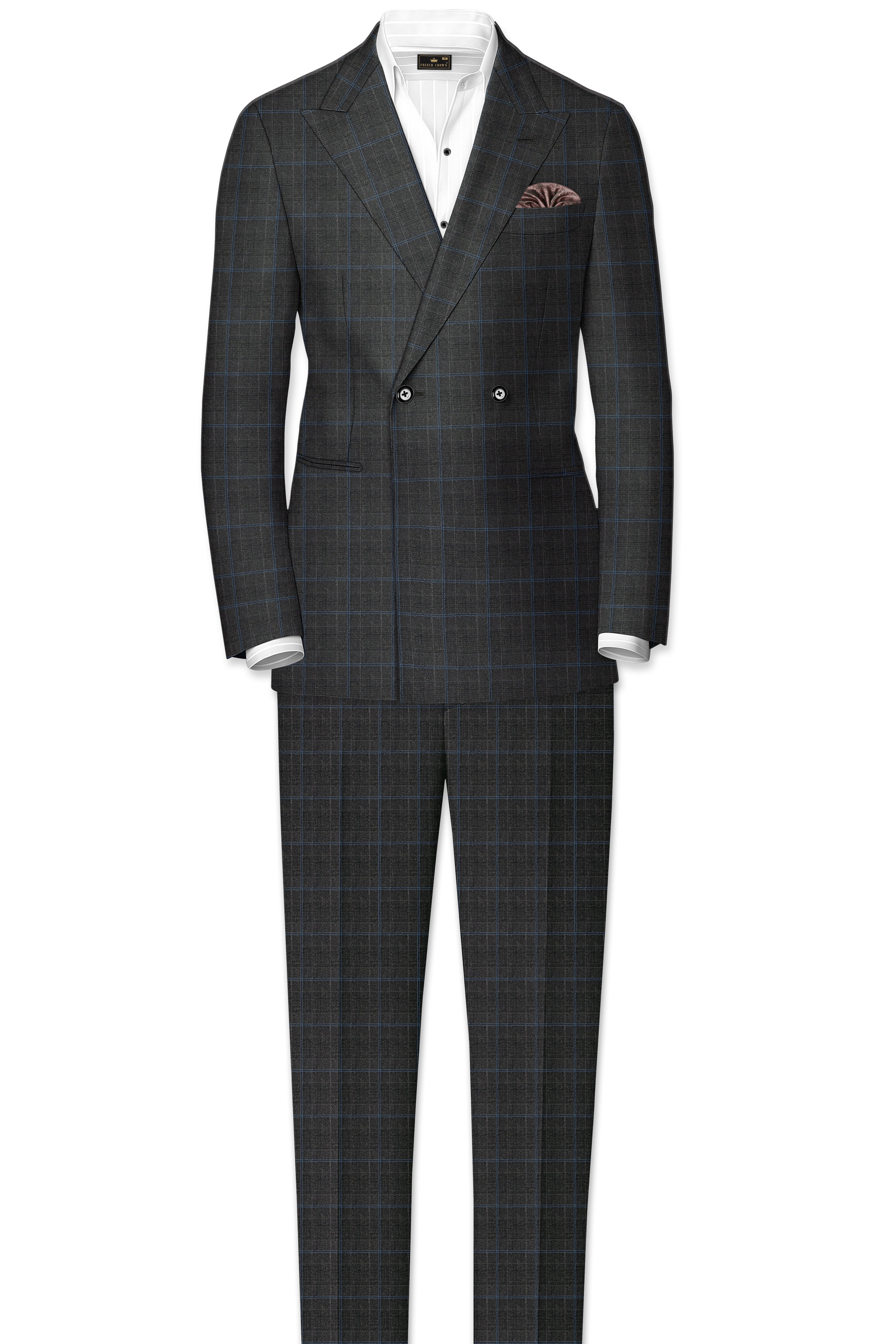 Cape Cod Gray Super fine Checkered Double Breasted Wool Rich Suit