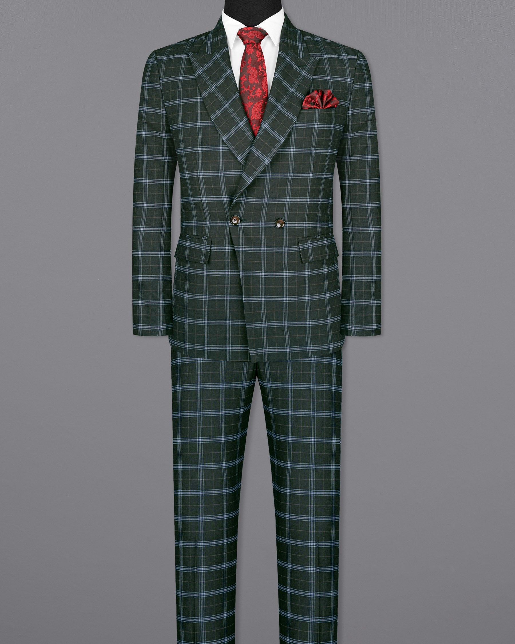 Log Cabin Green Super fine Windowpane Wool Rich Double Breasted Suit