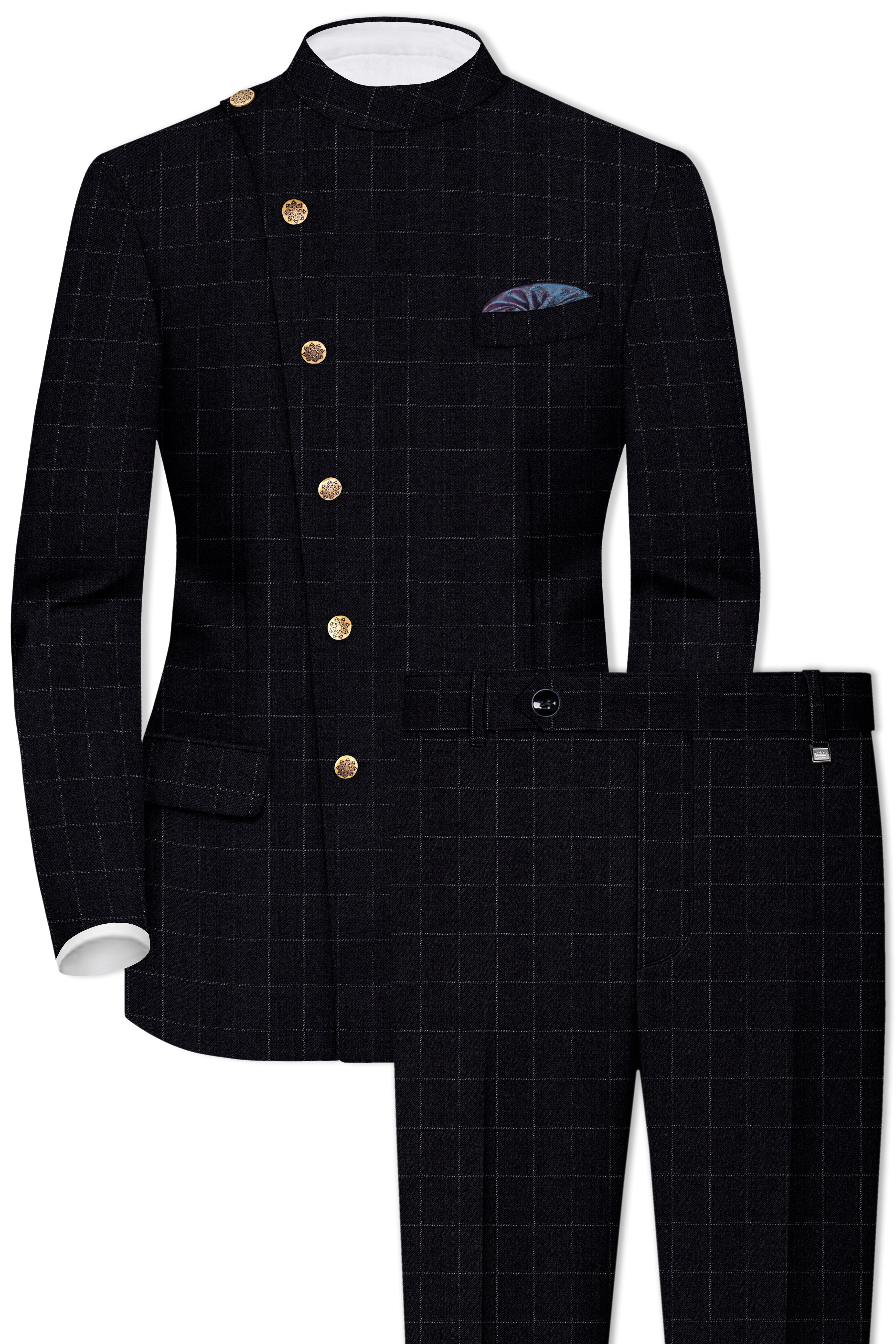 Log Cabin Black Super fine Windowpane Cross Placket Wool Rich Bandhgala Suit