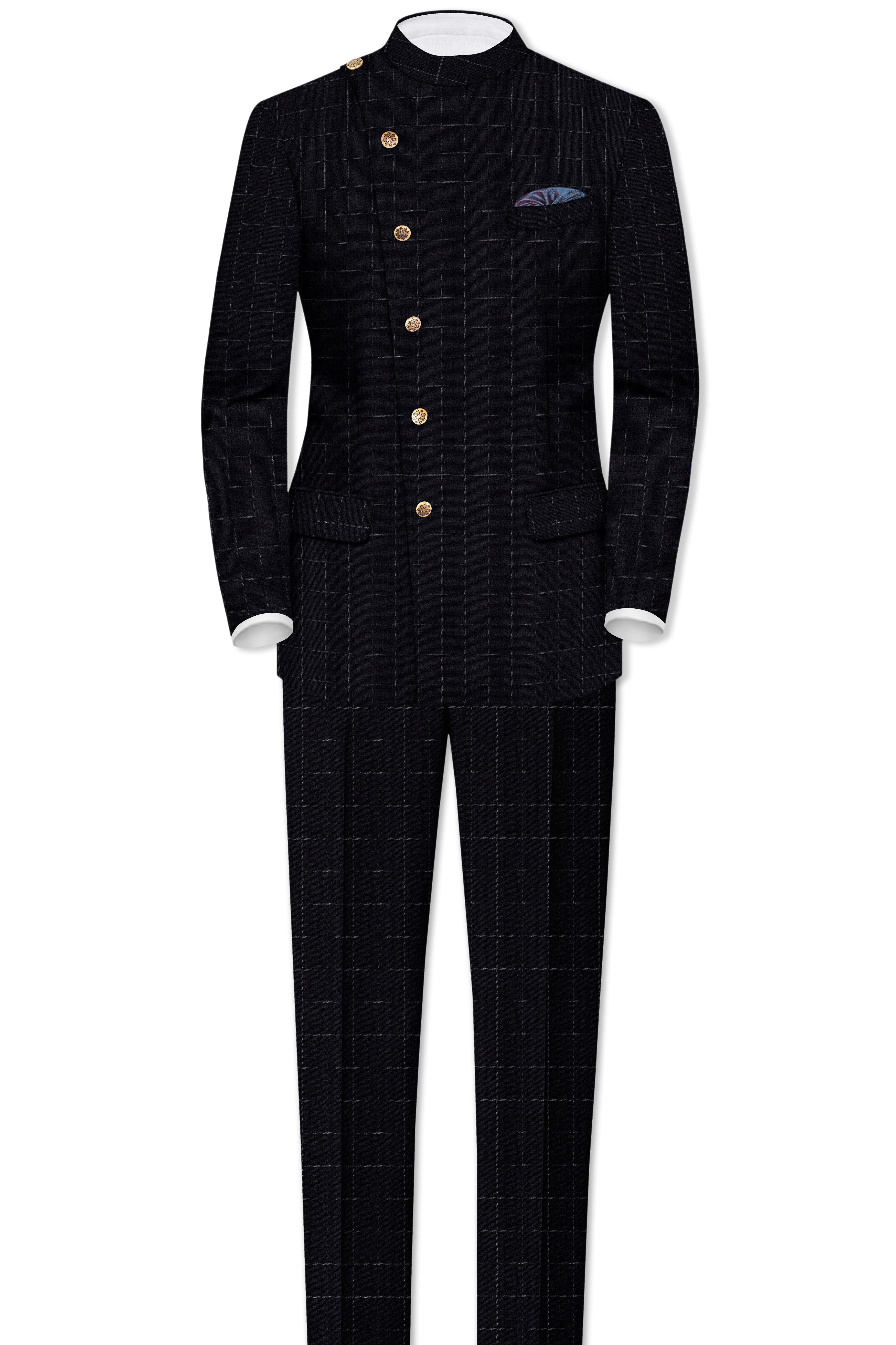 Log Cabin Black Super fine Windowpane Cross Placket Wool Rich Bandhgala Suit