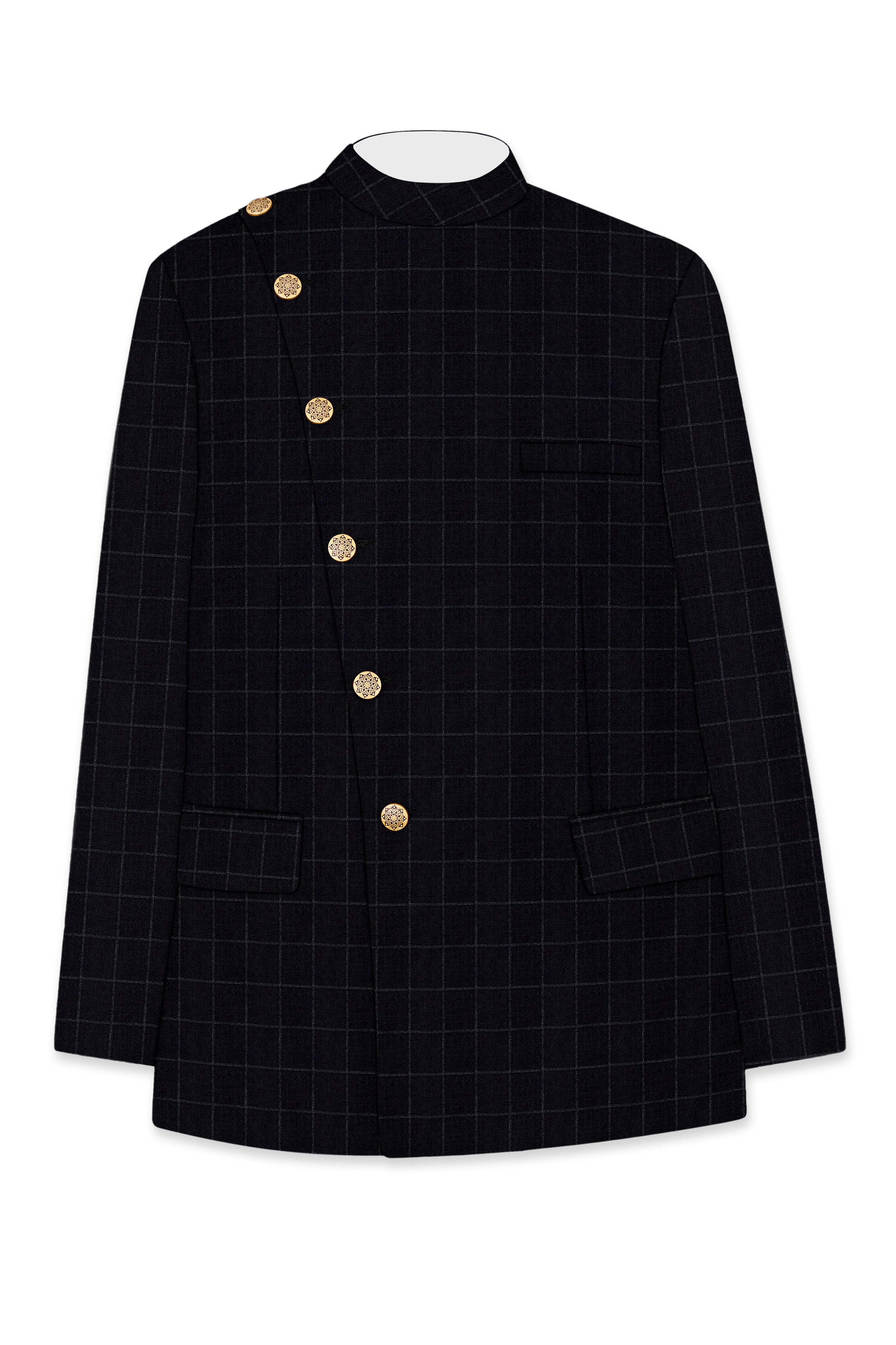 Log Cabin Black Super fine Windowpane Cross Placket Wool Rich Bandhgala Suit