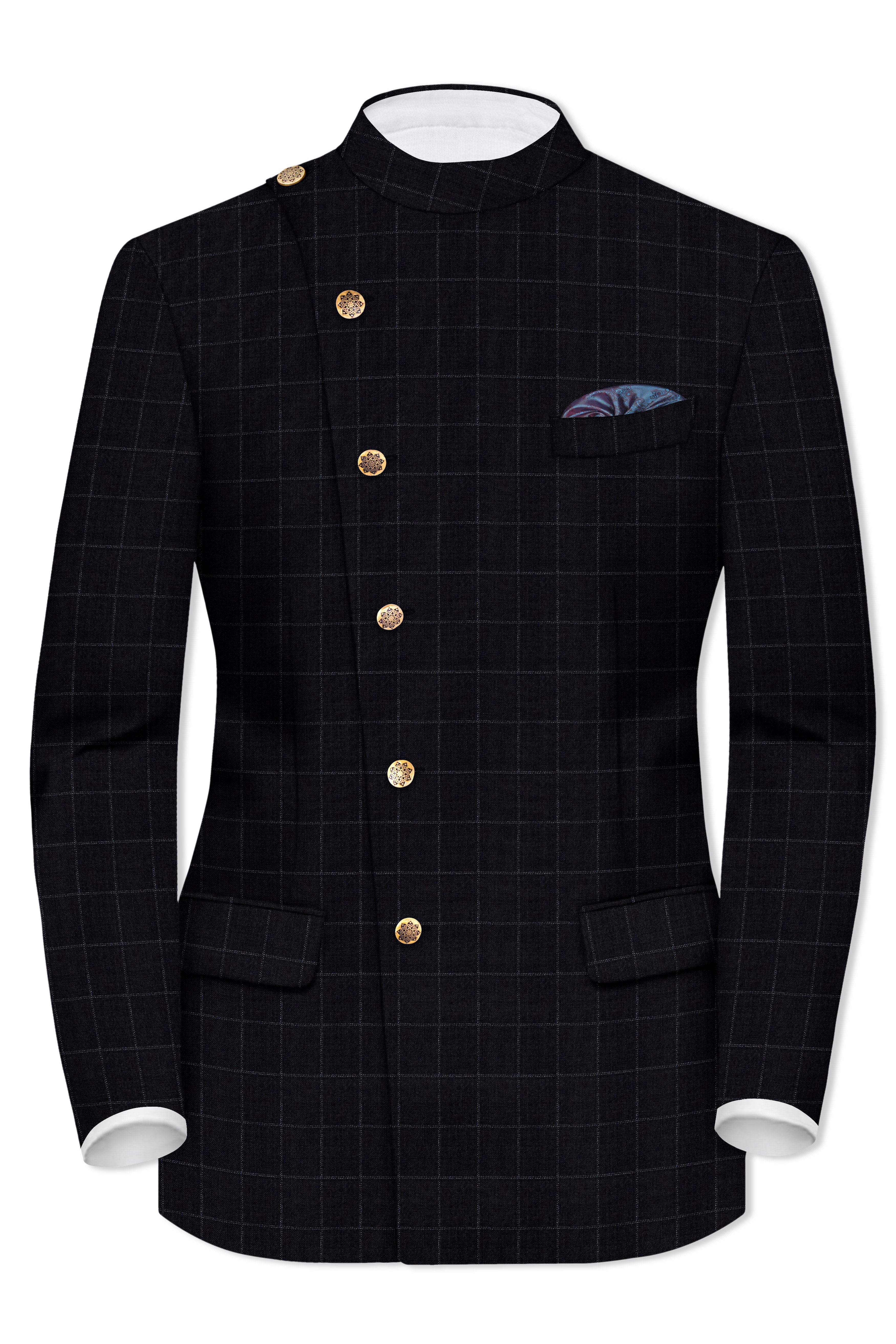 Log Cabin Black Super fine Windowpane Cross Placket Wool Rich Bandhgala Suit