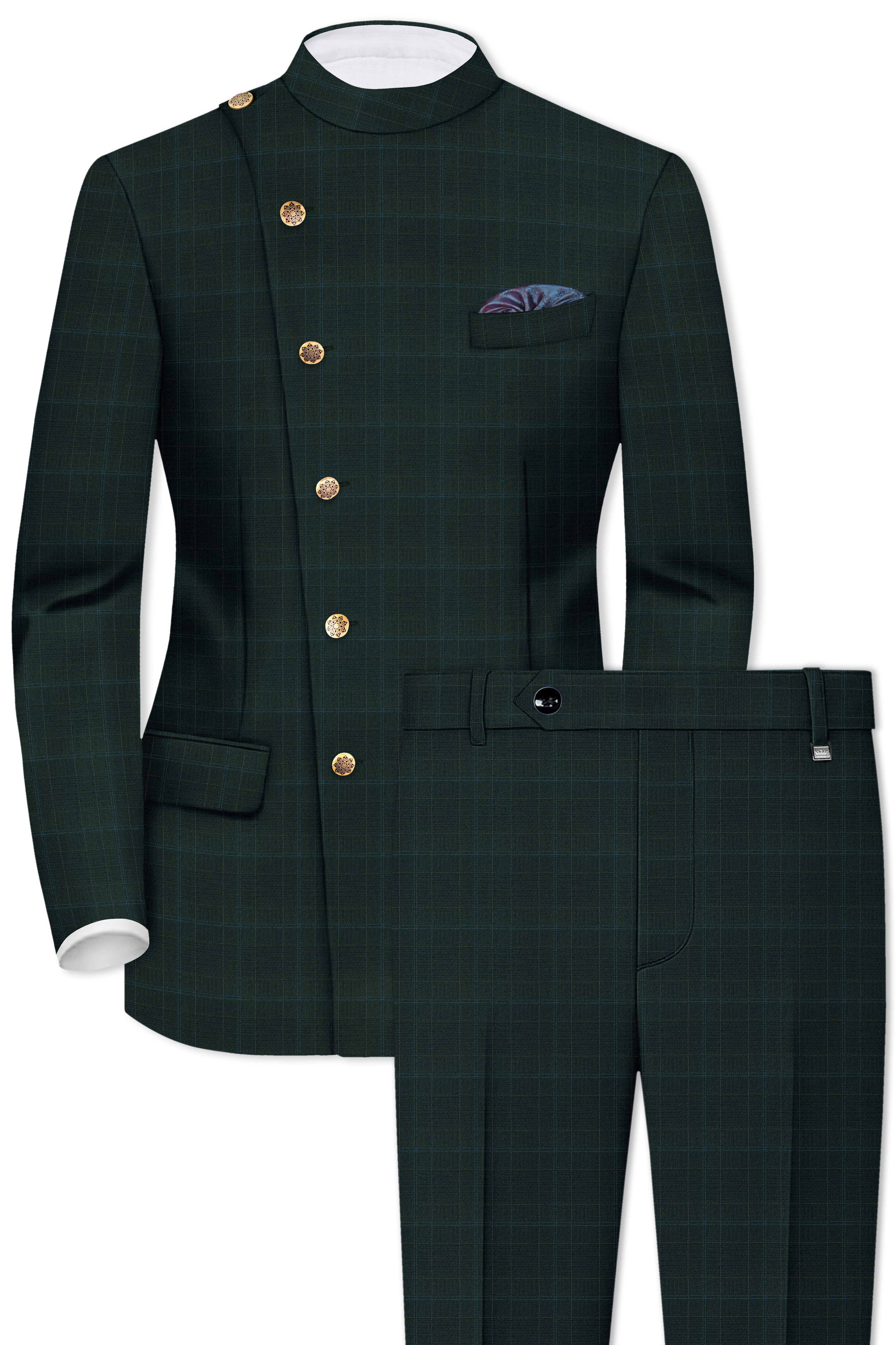 Dune Green Super fine Plaid Woolrich Cross Placket Bandhgala Suit