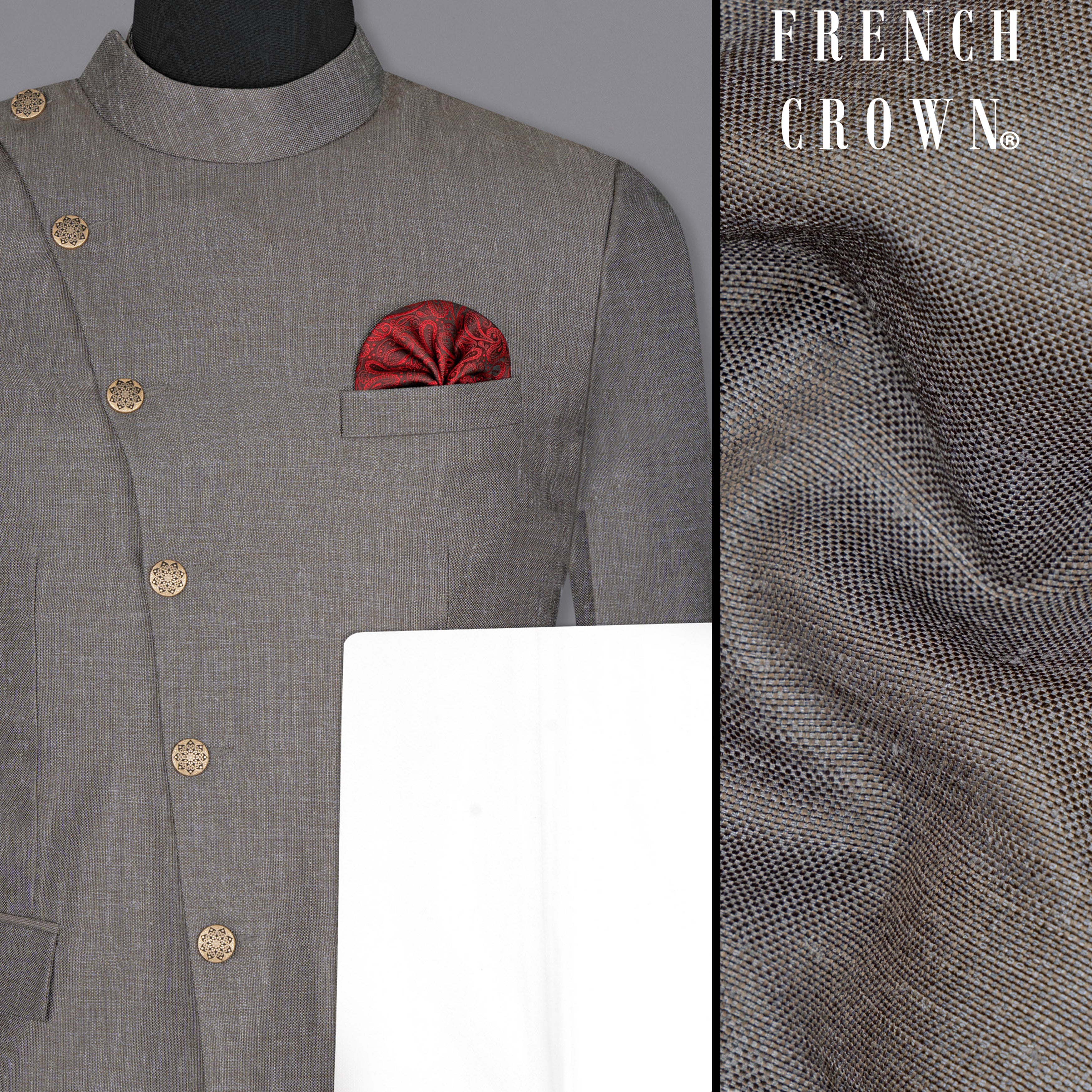 Sandstone Gray Cross Placket Bandhgala Designer Suit