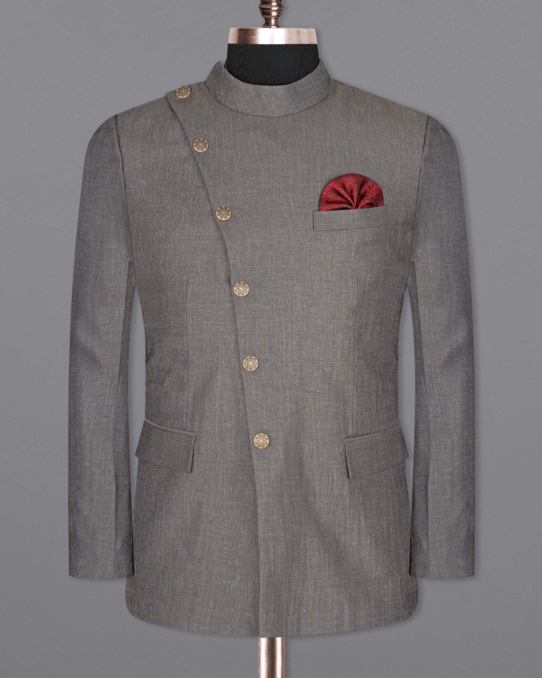 Sandstone Gray Cross Placket Bandhgala Designer Suit