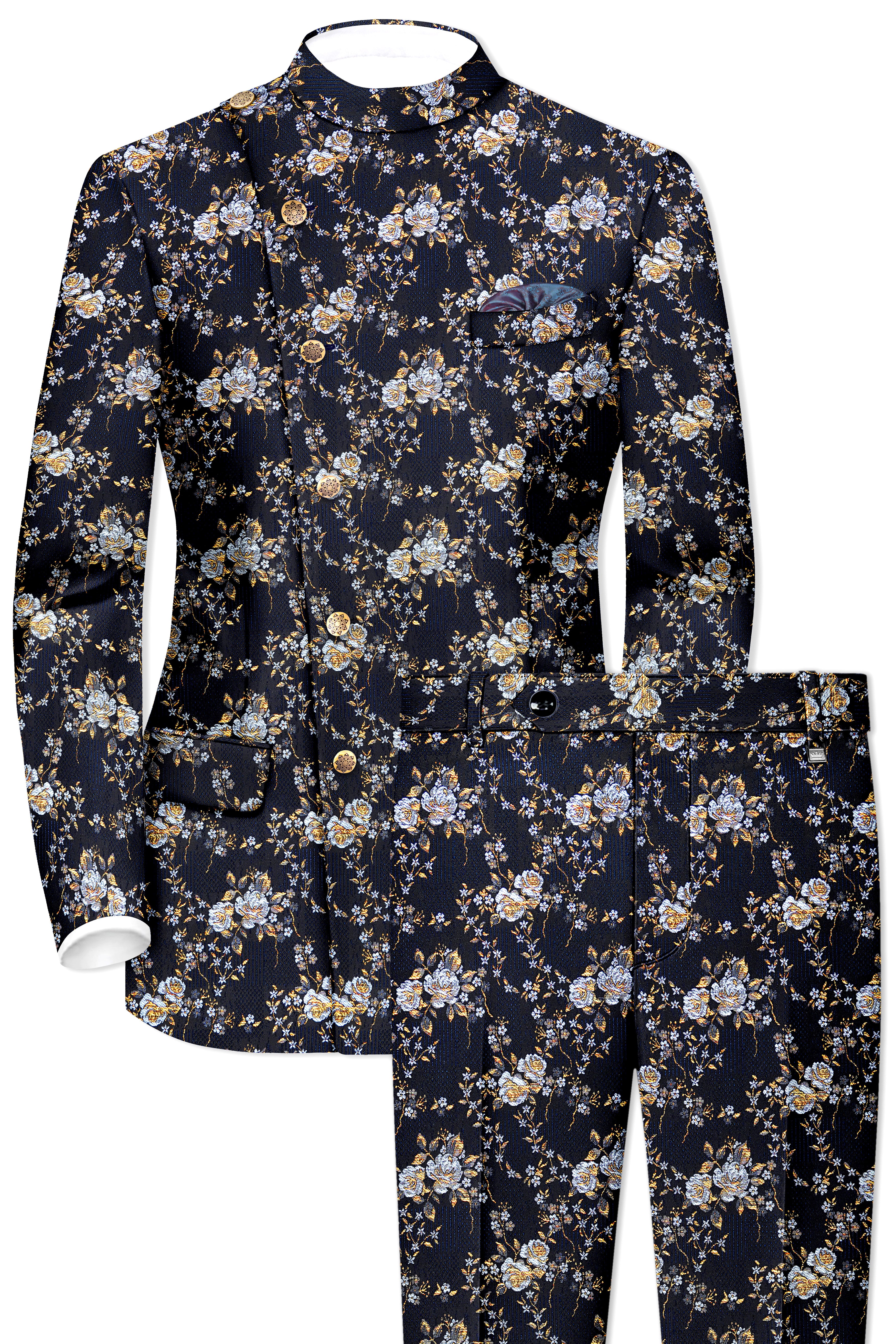 Chambray Blue with White Rose & Lily Textured Cross Placket Bandhgala Designer Suit