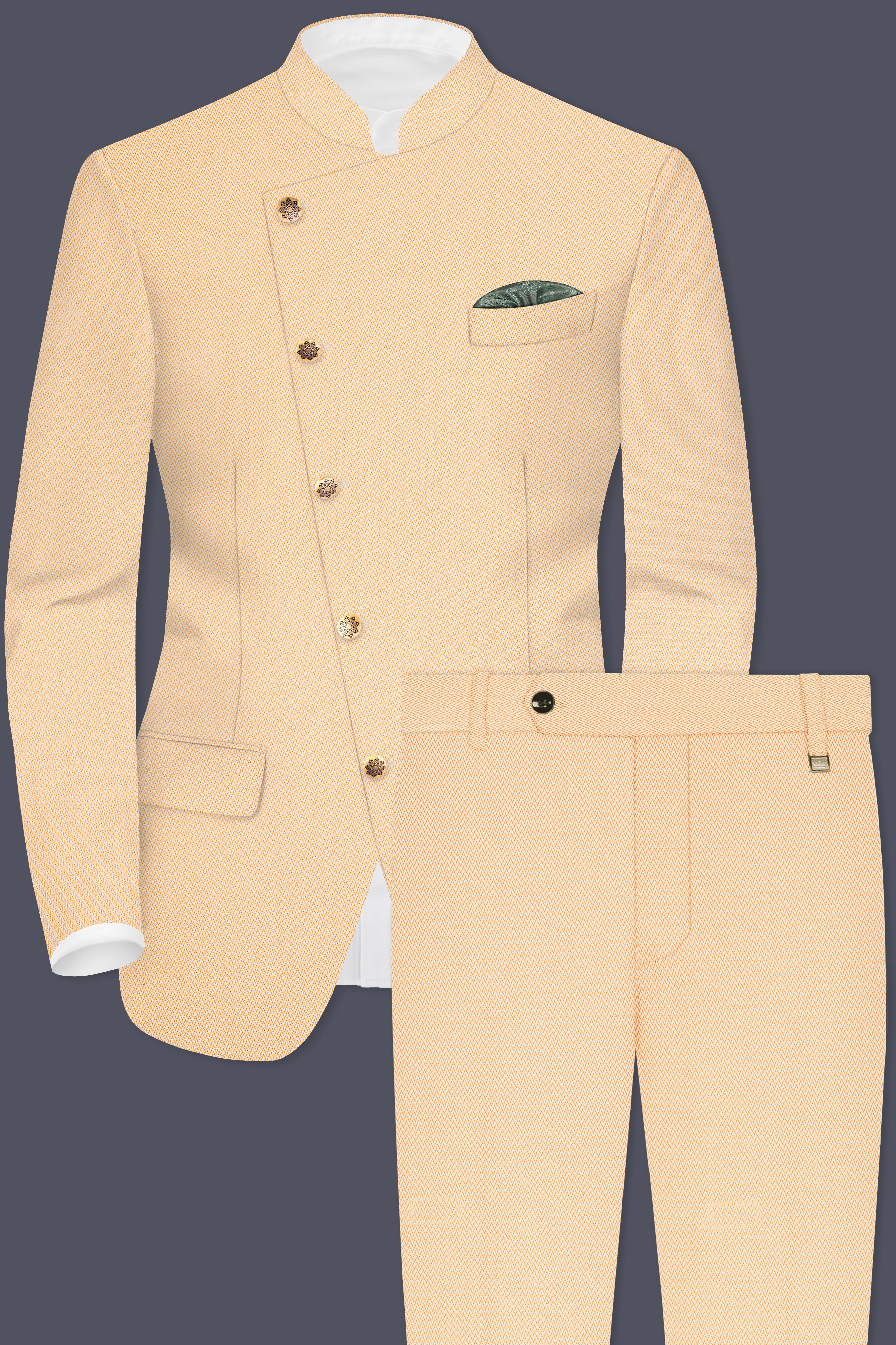 Maize Chevron Textured Cross Placket Bandhgala Designer Suit