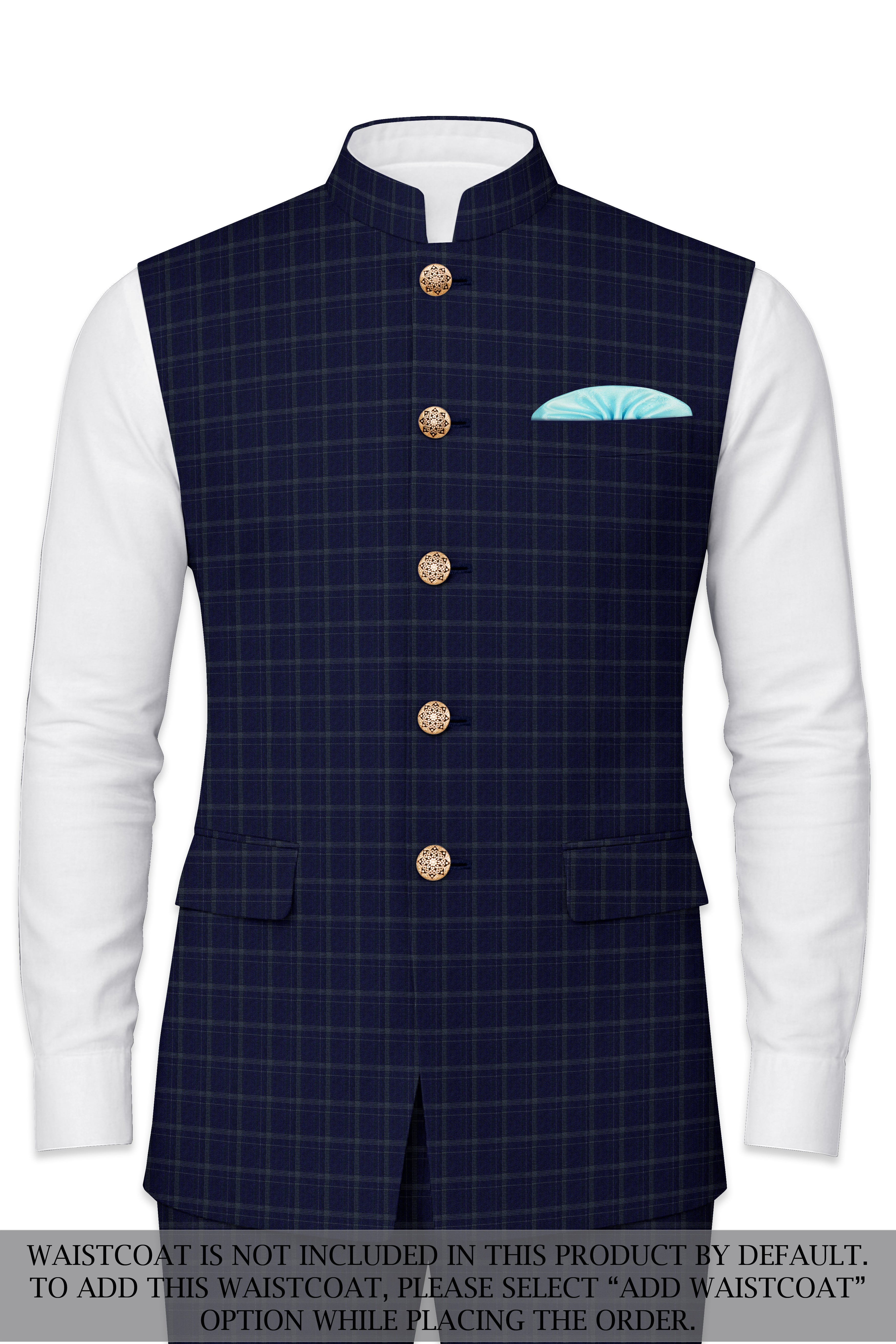Mulled Wine Blue With Casper Gray Checkered Cross Placket Bandhgala Suit