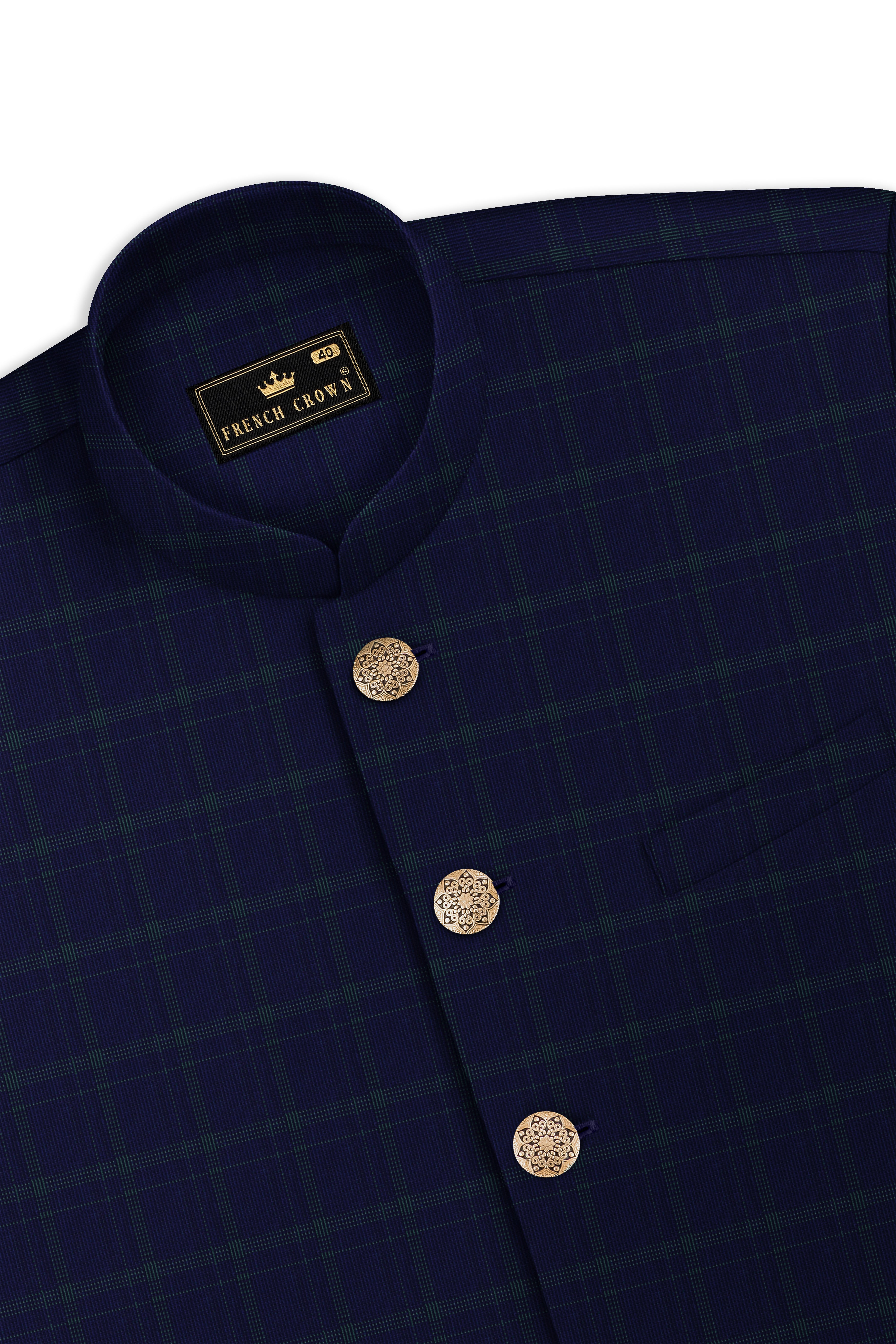 Mulled Wine Blue With Casper Gray Checkered Cross Placket Bandhgala Suit