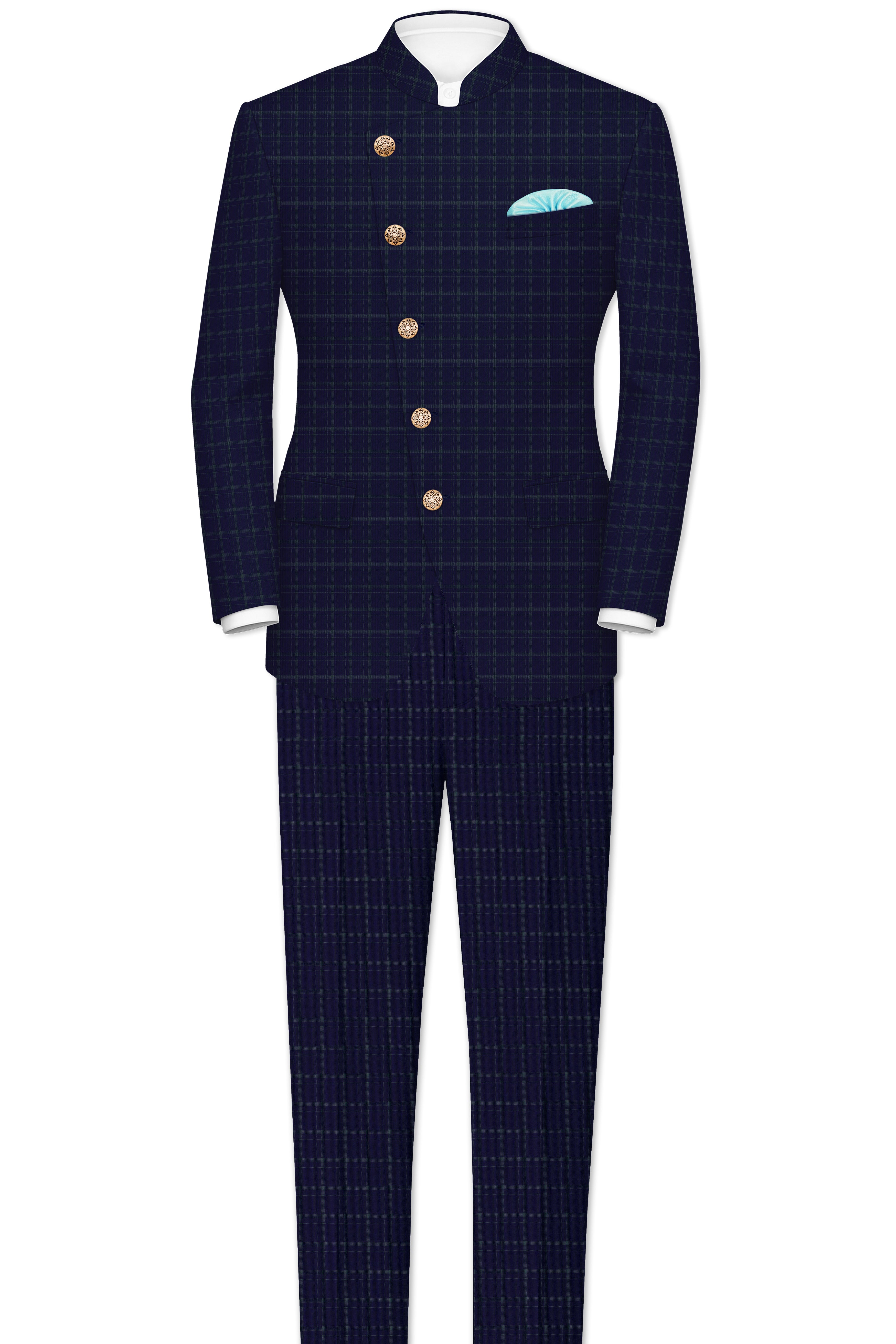 Mulled Wine Blue With Casper Gray Checkered Cross Placket Bandhgala Suit