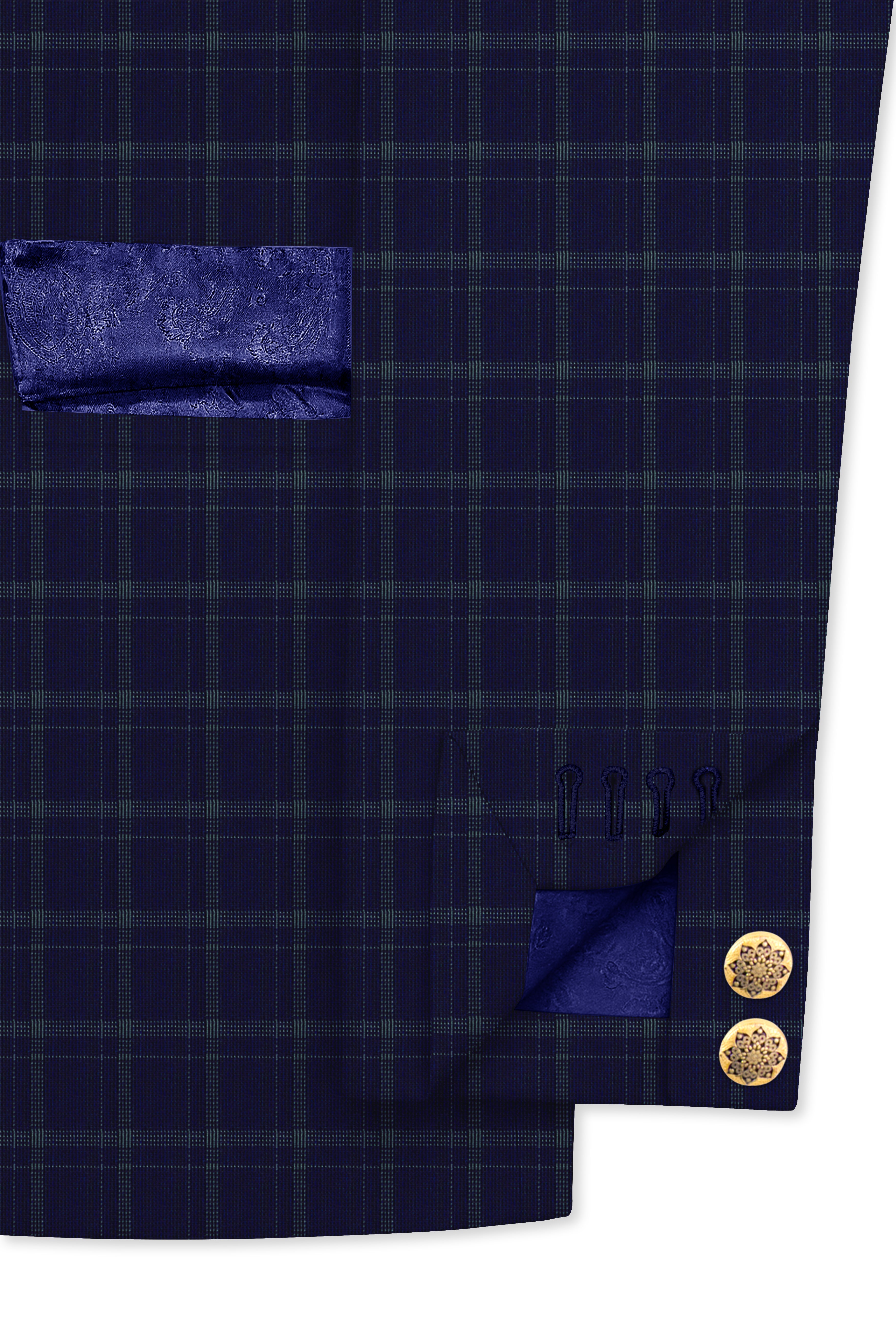 Mulled Wine Blue With Casper Gray Checkered Cross Placket Bandhgala Suit
