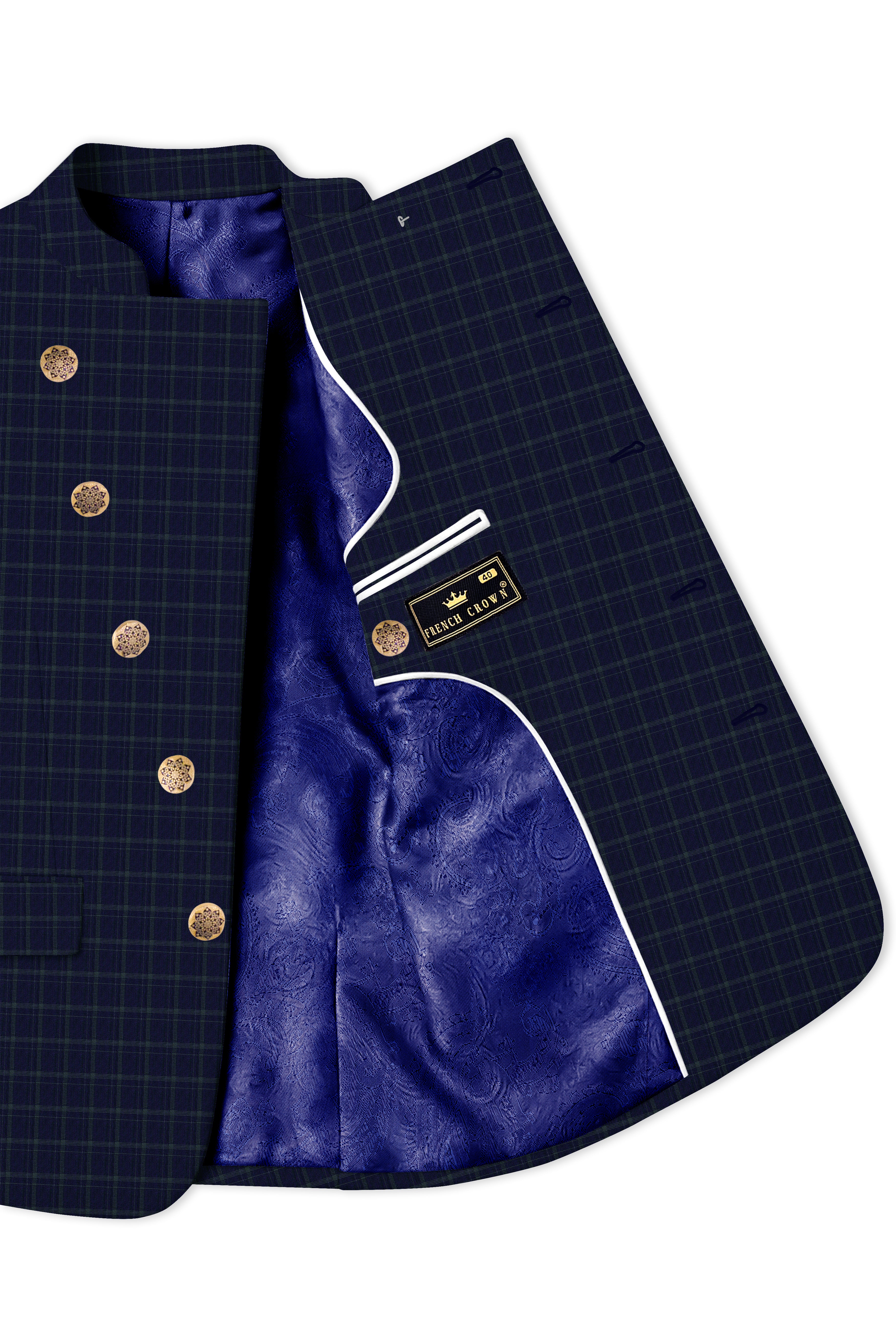 Mulled Wine Blue With Casper Gray Checkered Cross Placket Bandhgala Suit