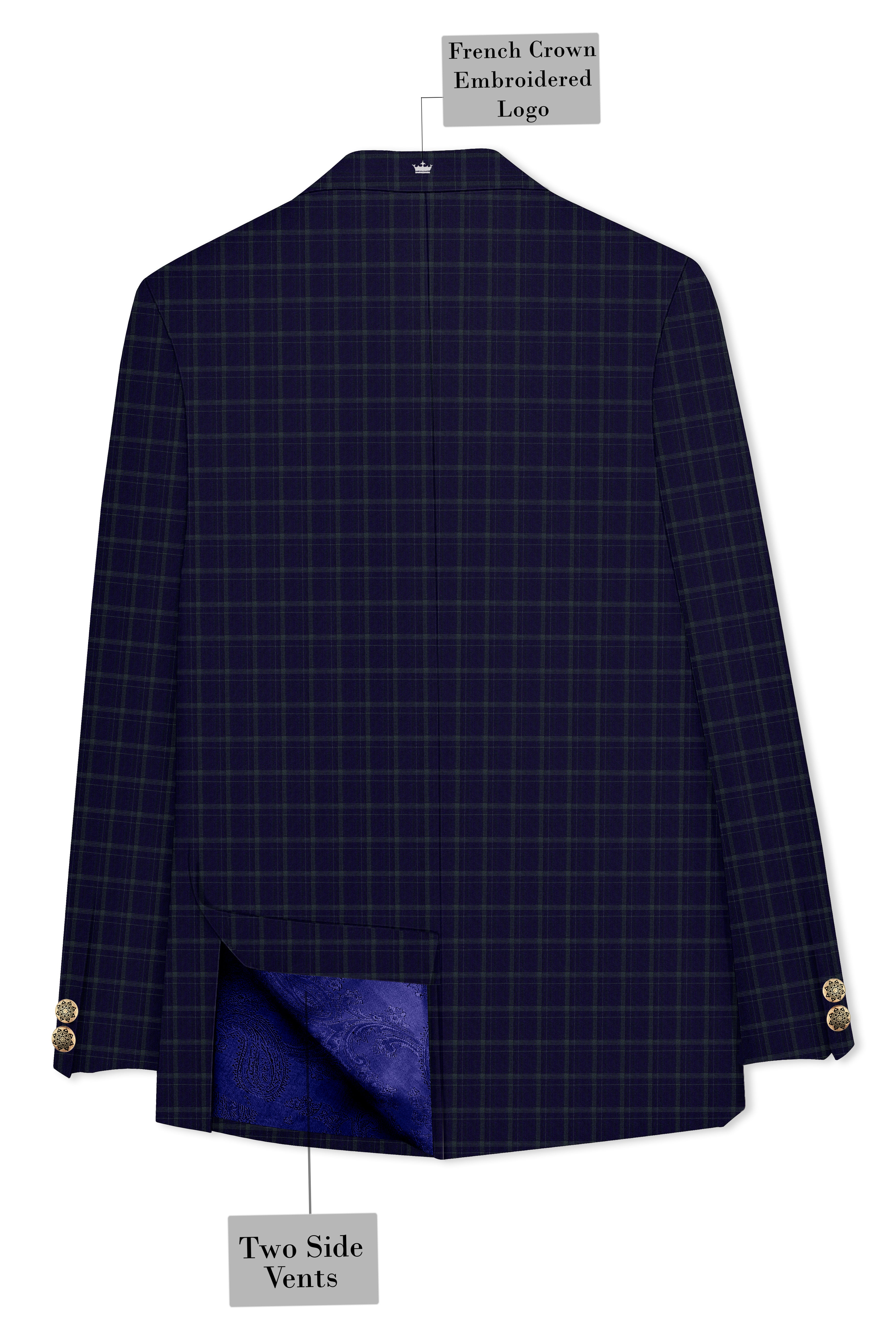 Mulled Wine Blue With Casper Gray Checkered Cross Placket Bandhgala Suit
