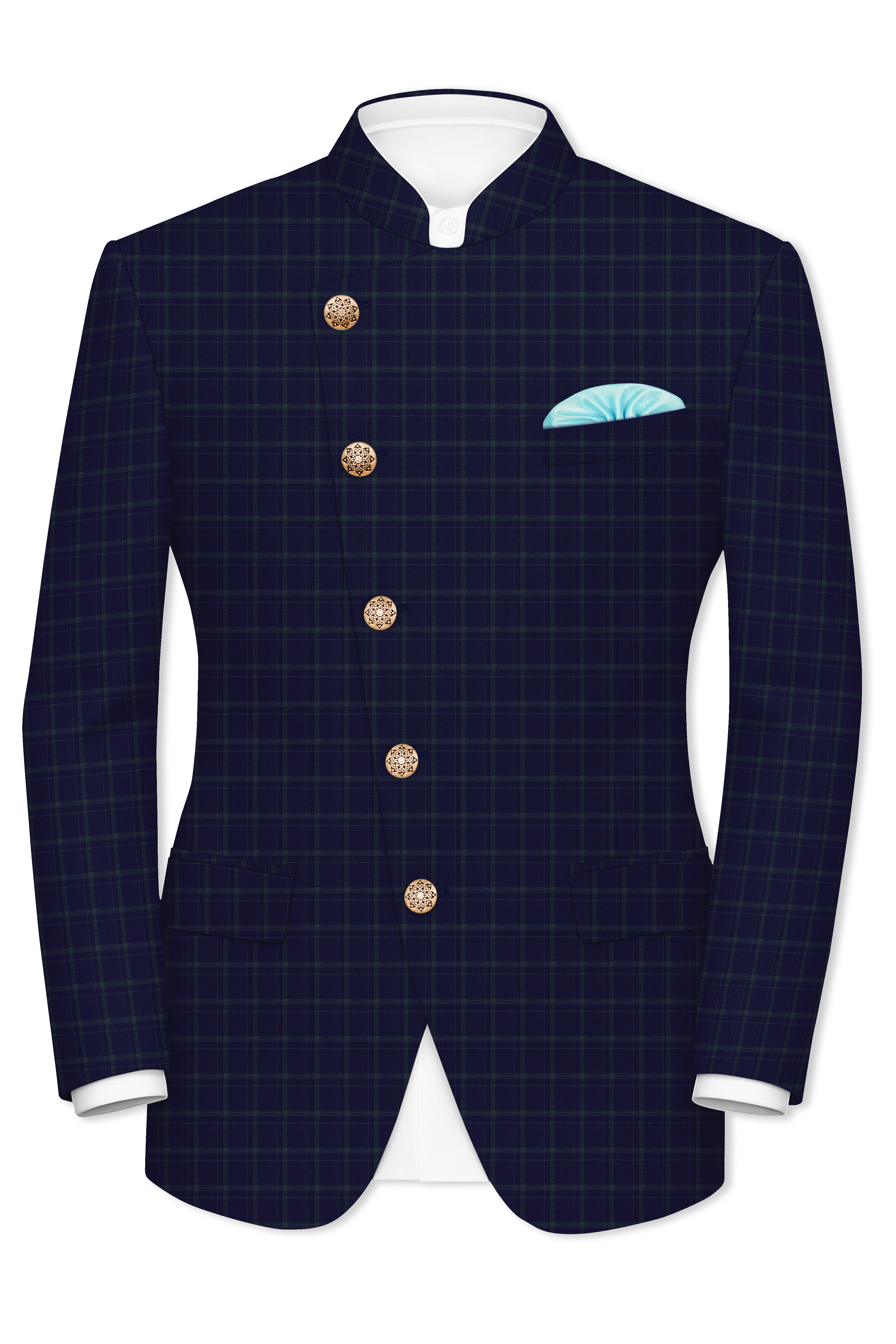 Mulled Wine Blue With Casper Gray Checkered Cross Placket Bandhgala Suit