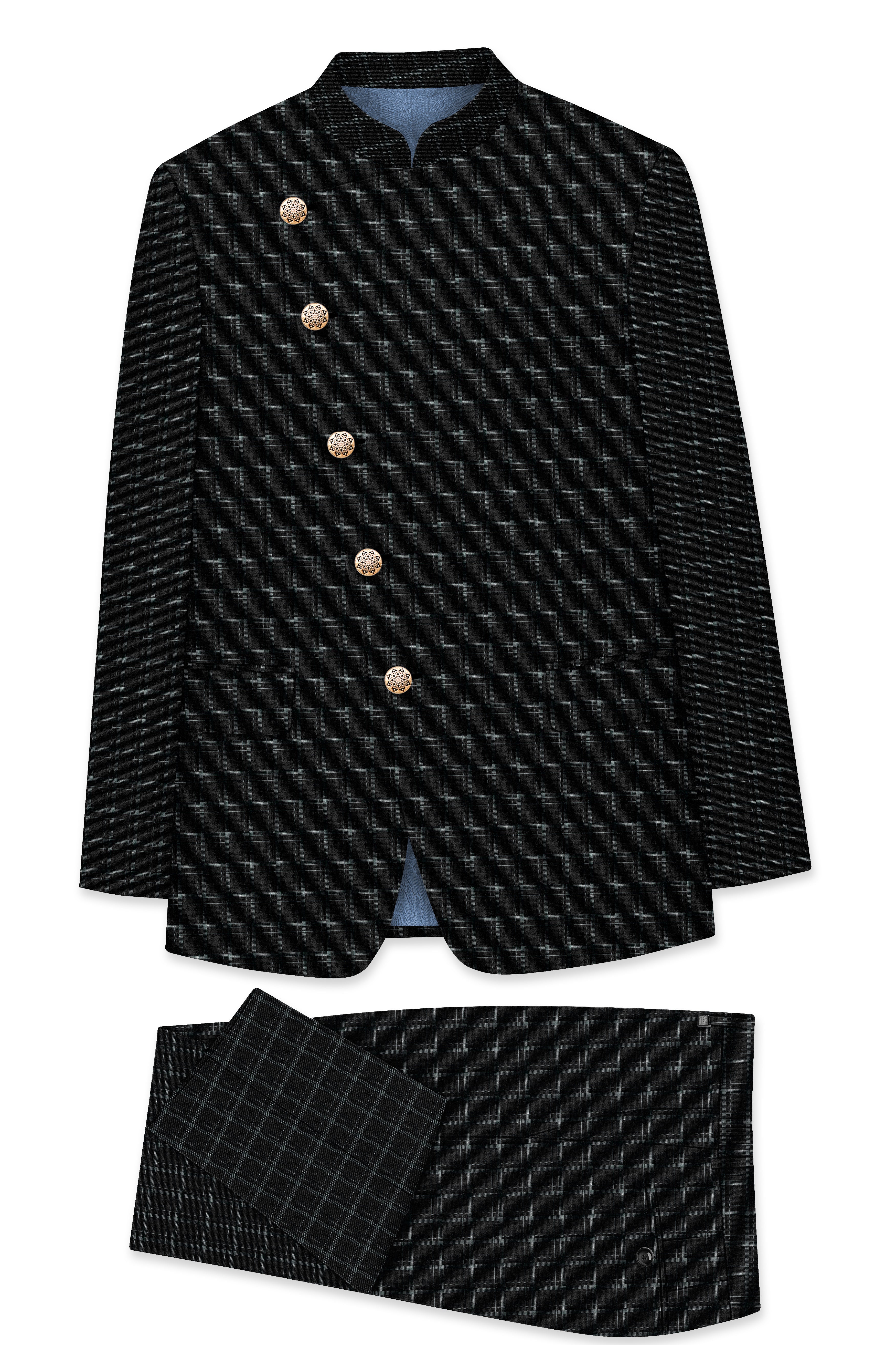 Cape God Gray windowpane Cross Bandhgala Suit