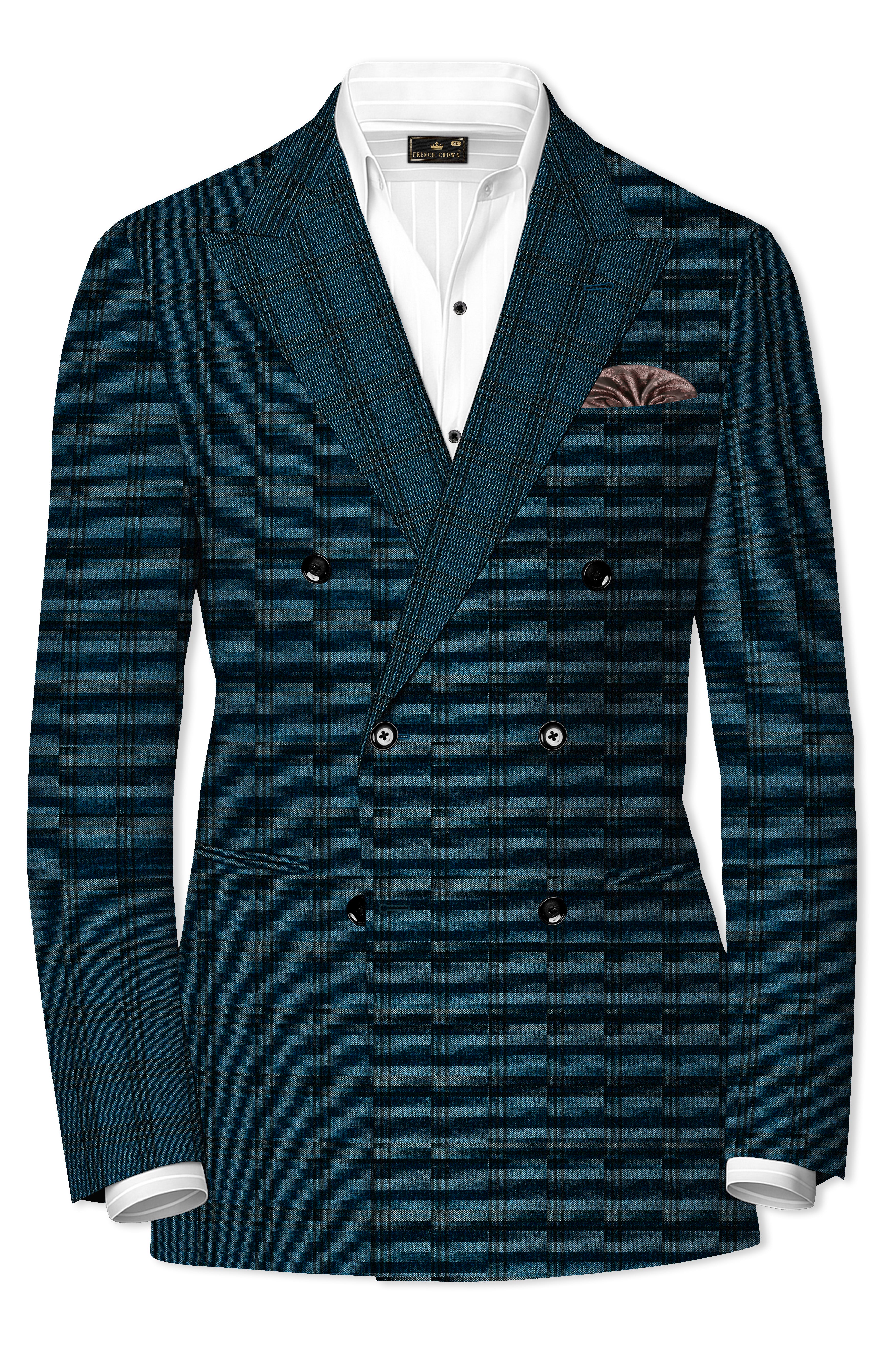 Sapphire Blue With Black Plaid Double Breasted Suit