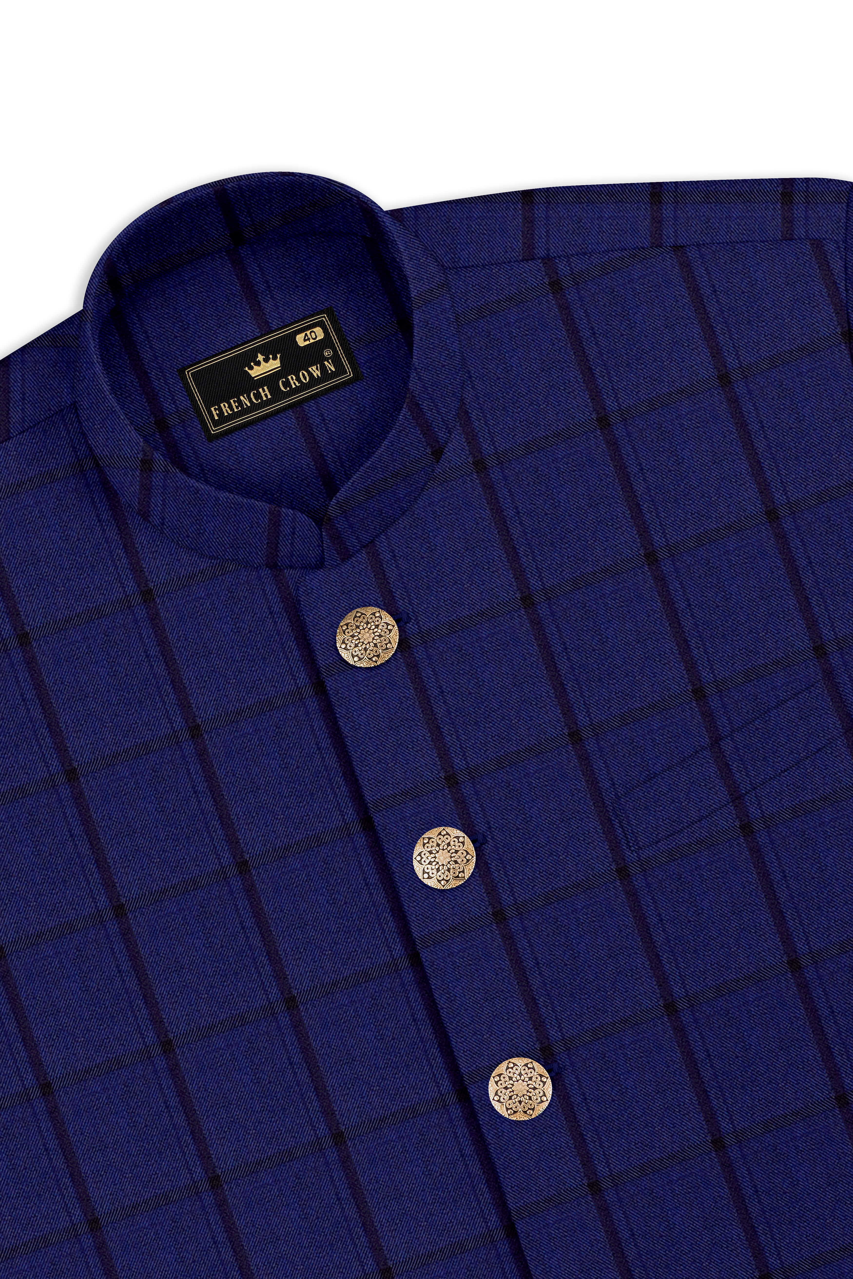 Dark Blue Windowpane Cross Placket Bandhgala Suit