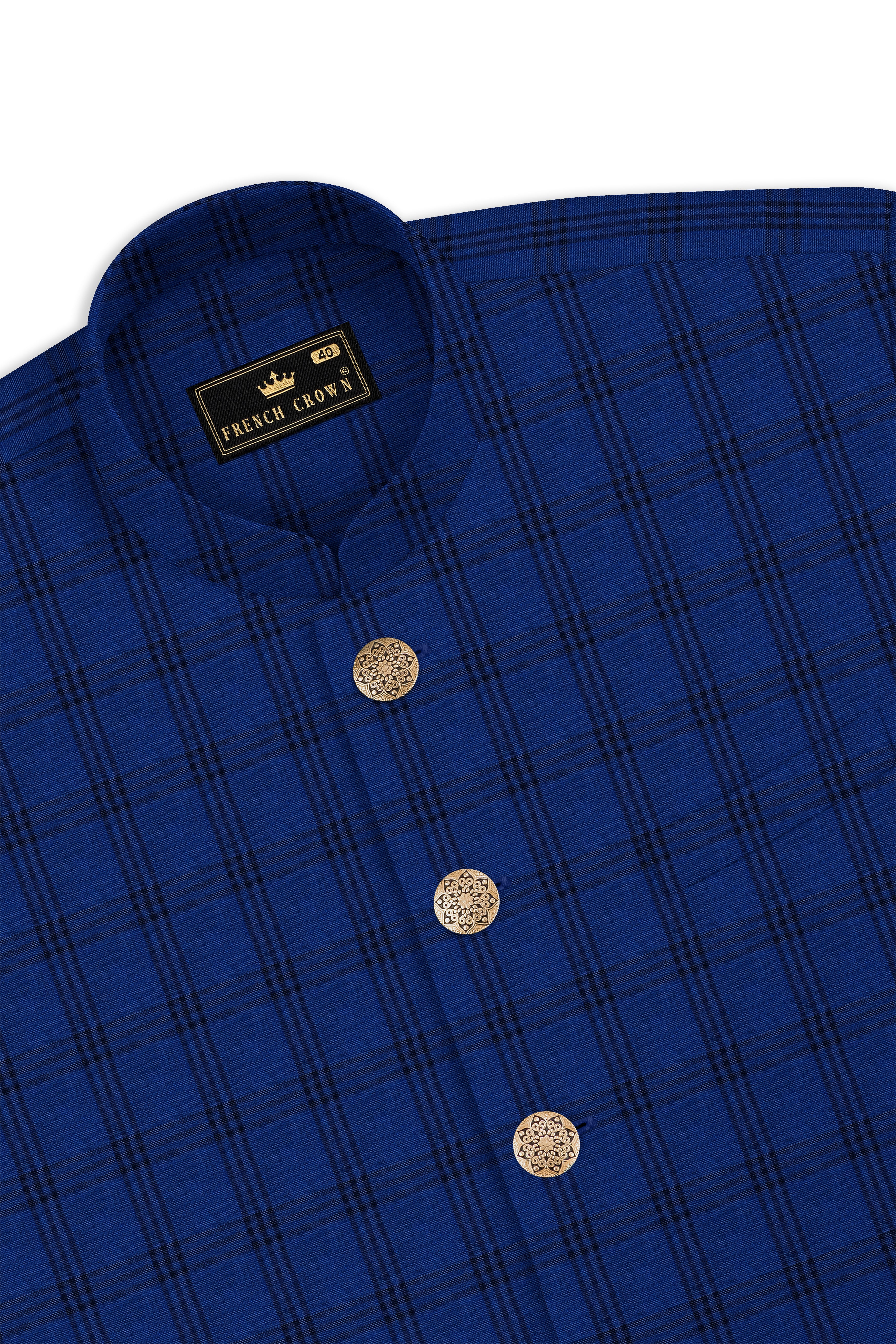 Cloud Burst Blue With Black Plaid Cross Placket Bandhgala Suit