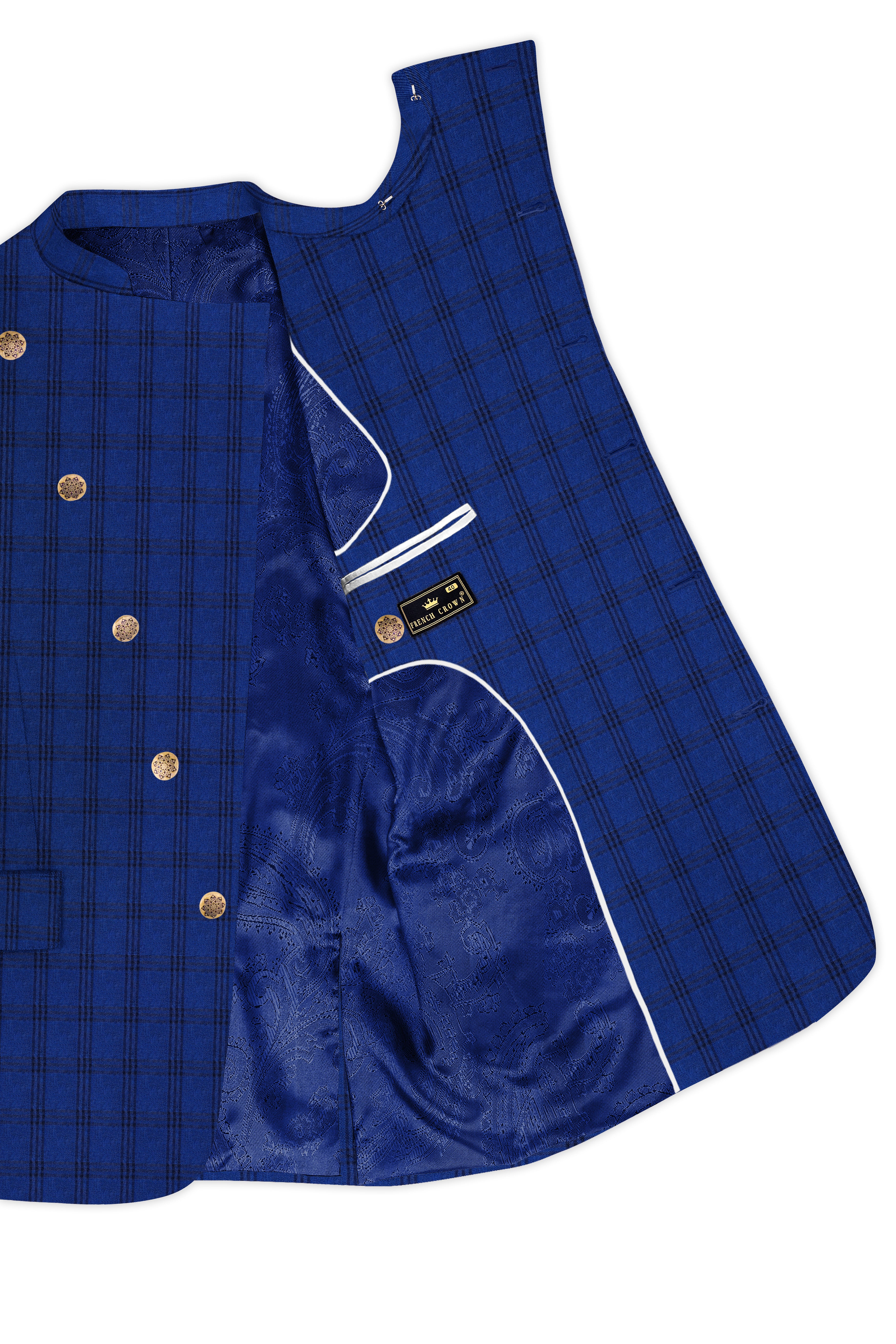 Cloud Burst Blue With Black Plaid Cross Placket Bandhgala Suit
