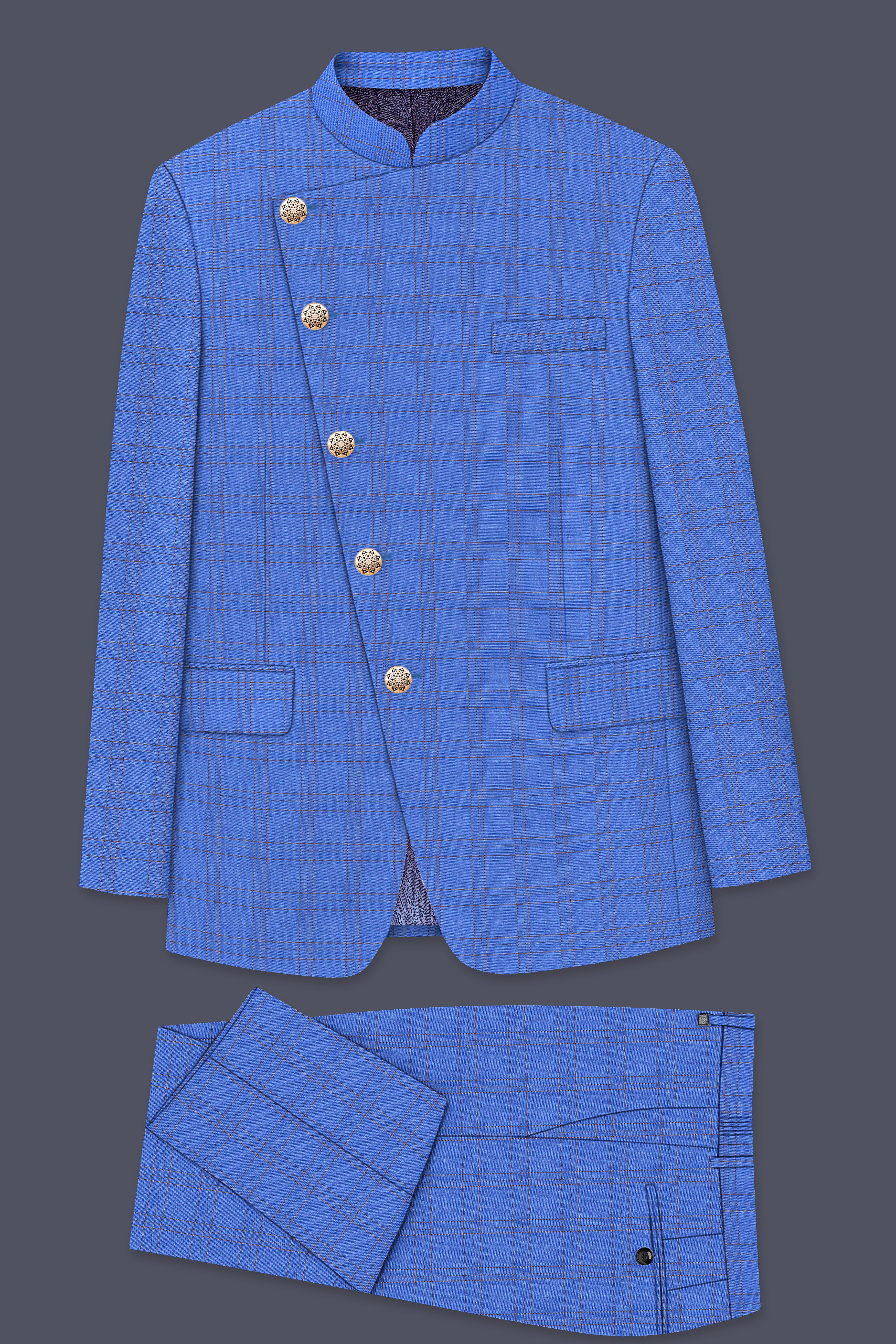 Scampi Blue With Pickled Brown Plaid Cross Placket Bandhgala Suit