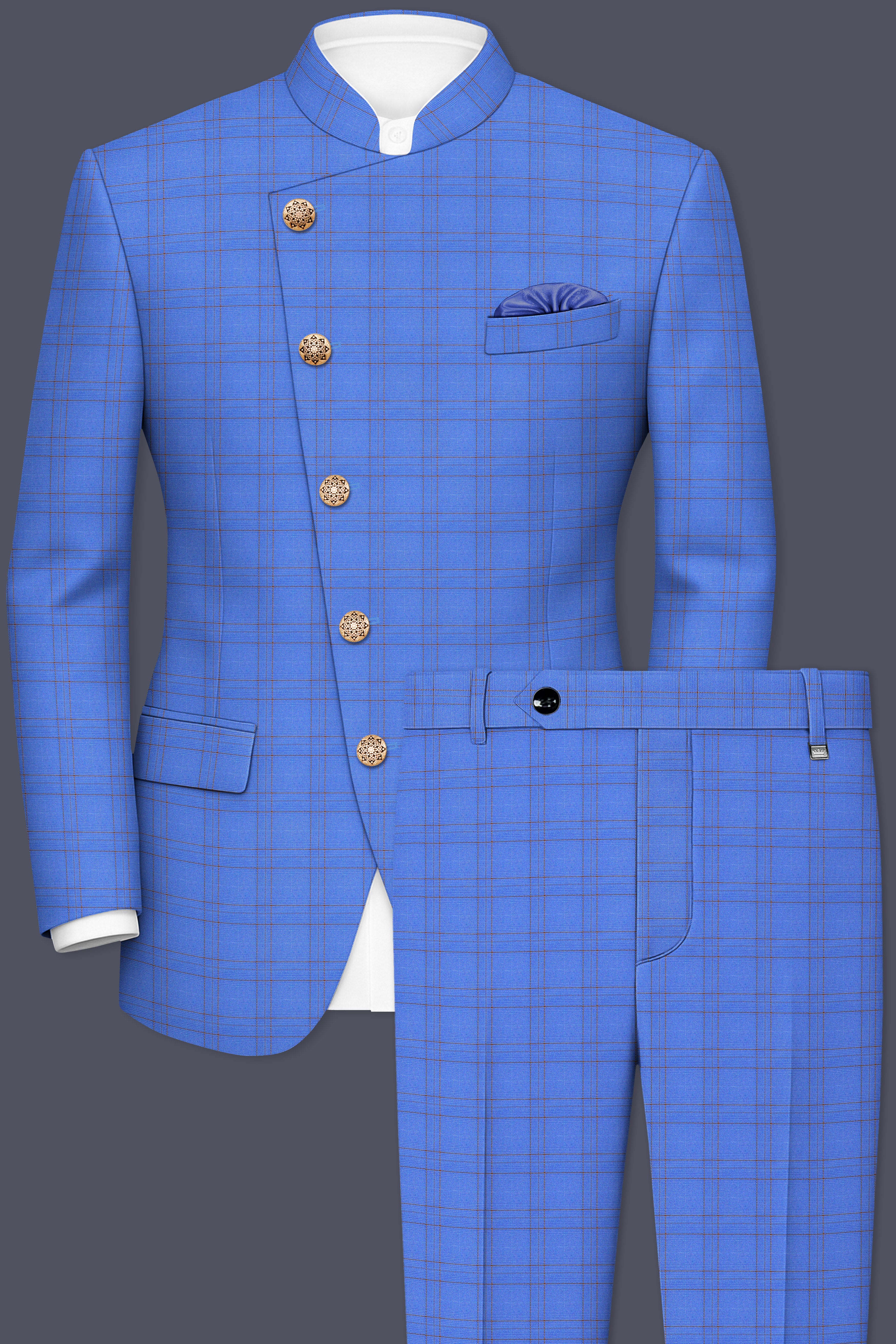 Scampi Blue With Pickled Brown Plaid Cross Placket Bandhgala Suit