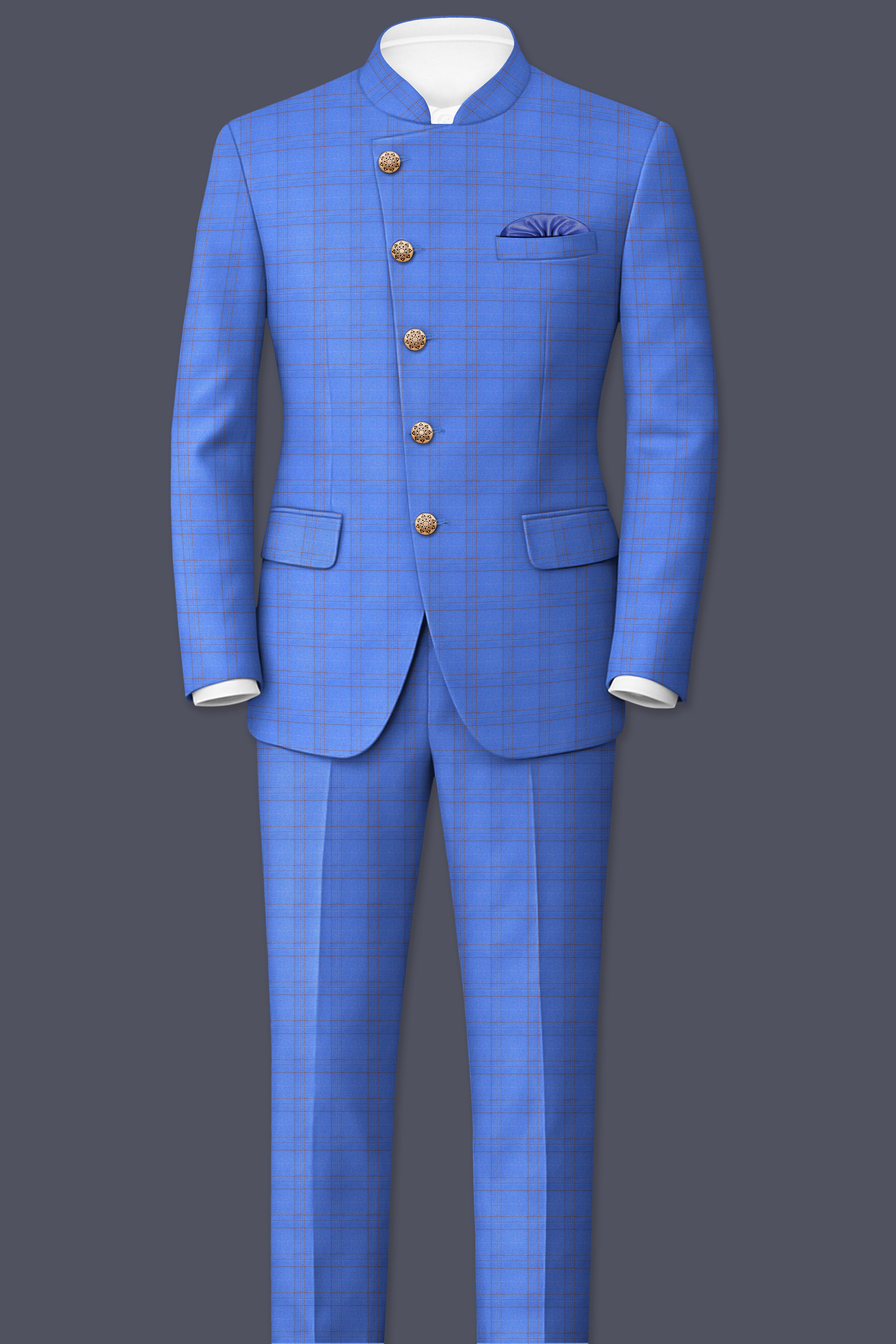 Scampi Blue With Pickled Brown Plaid Cross Placket Bandhgala Suit