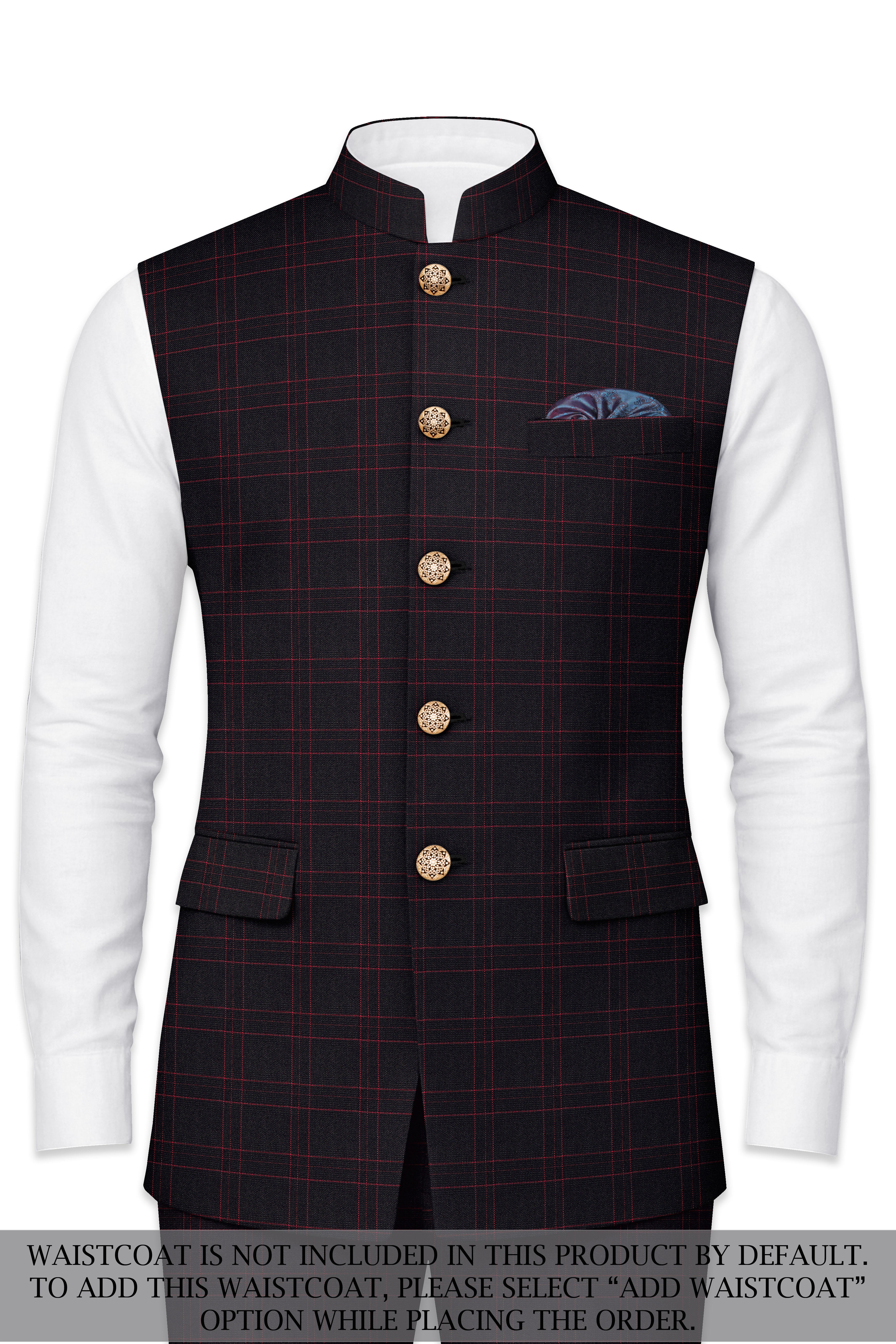 Onyx Black windowpane Cross Placket Bandhgala Suit