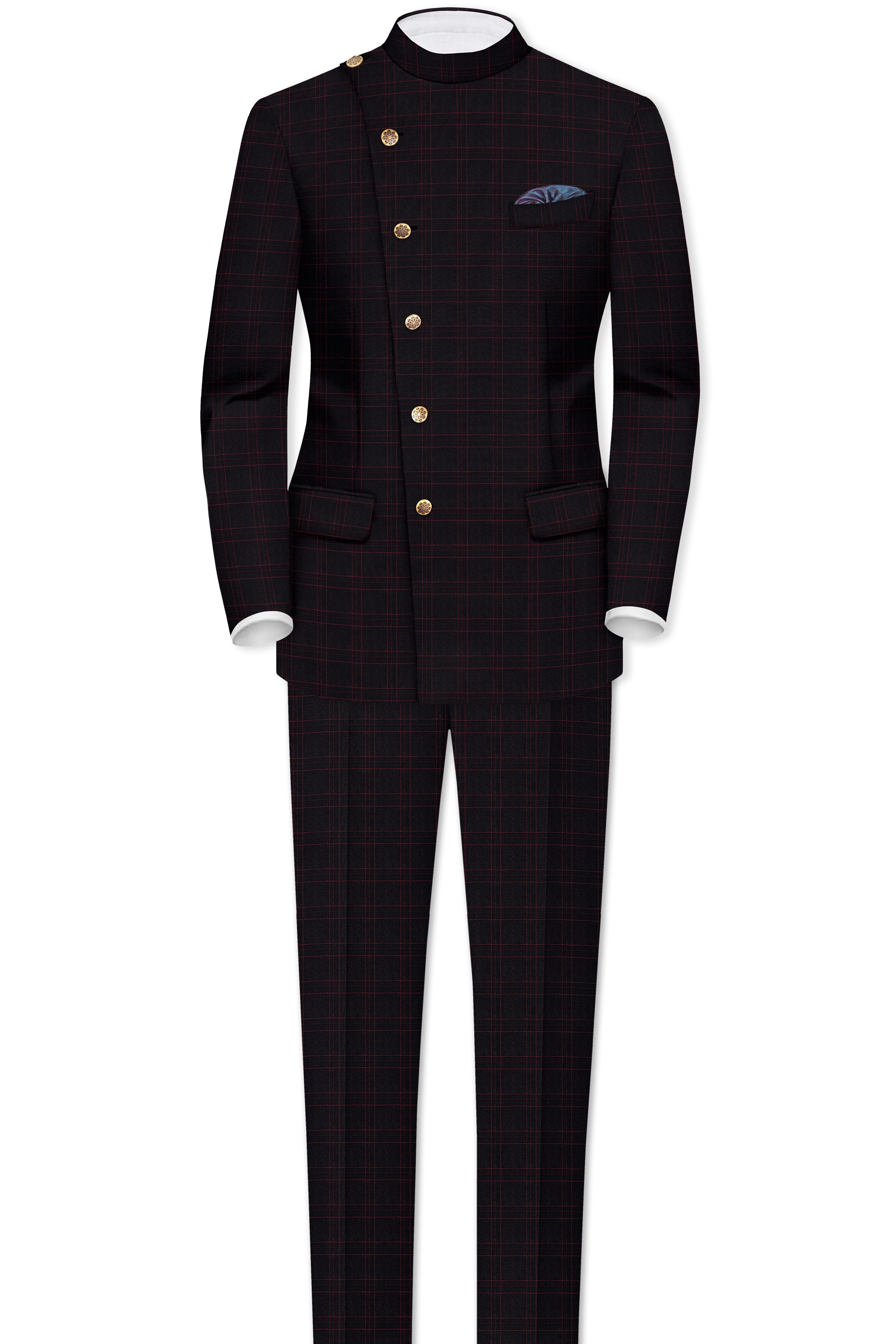 Onyx Black windowpane Cross Placket Bandhgala Suit