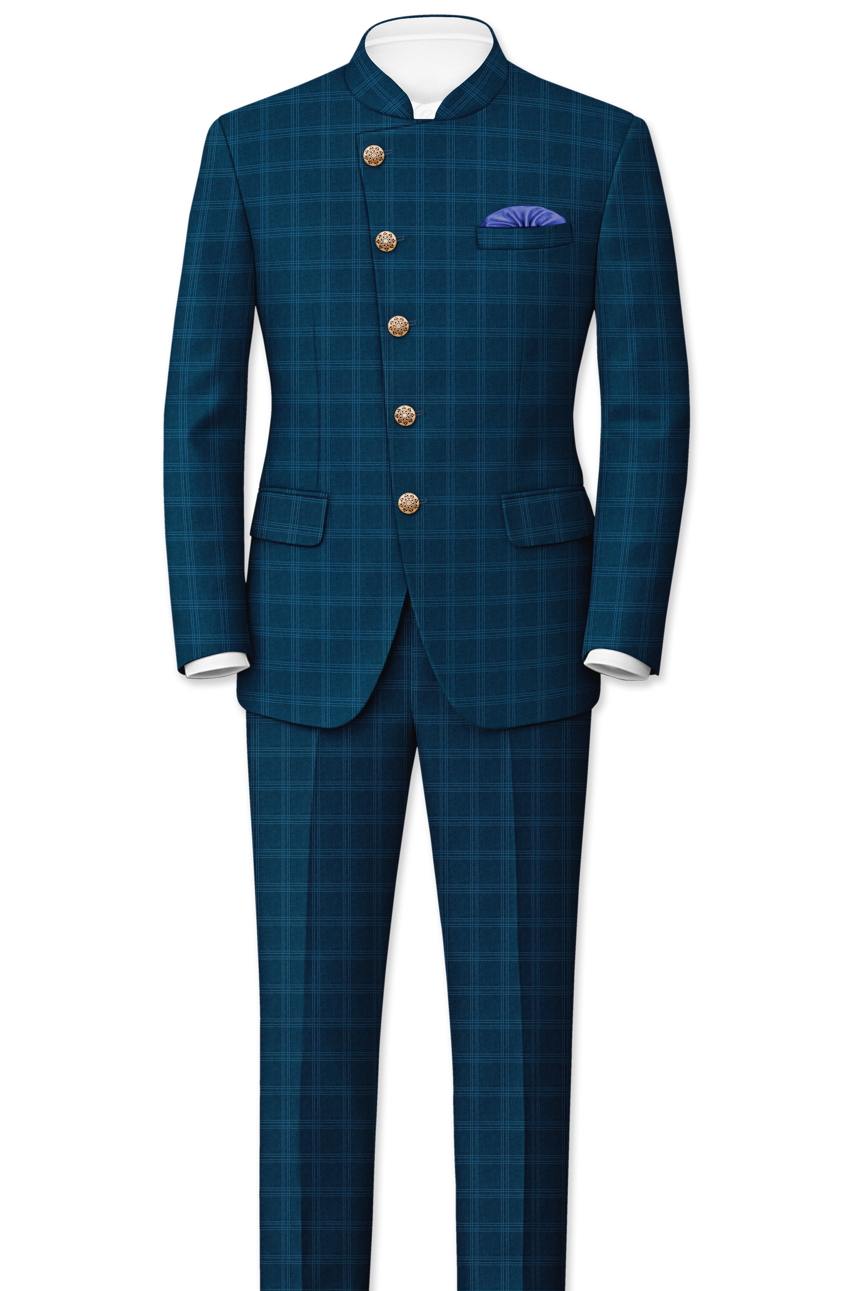 Cloud Burst Sea Green Windowpane Cross Placket Bandhgala Suit